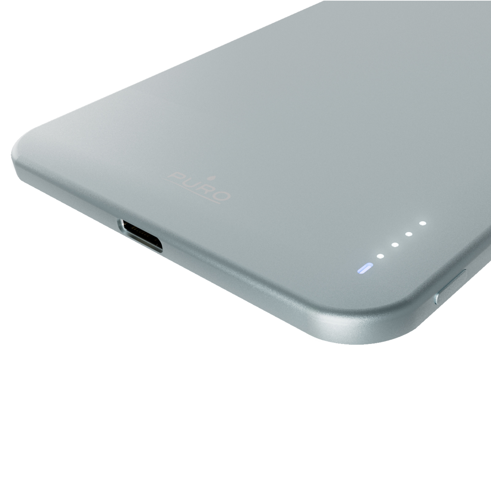 Power bank grigia con logo Puro, porta di carica e cinque luci LED bianche su sfondo bianco.