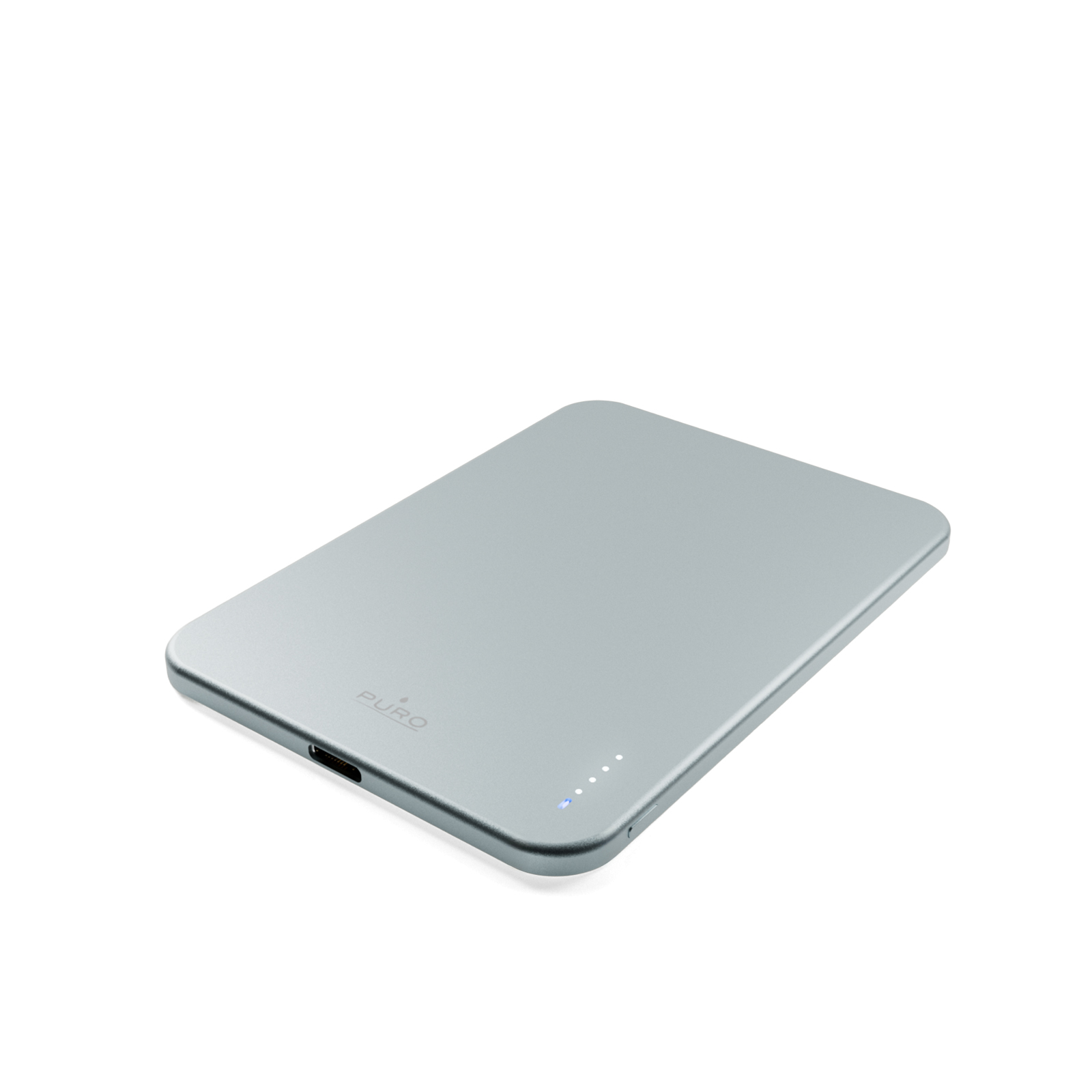 Una batteria portatile argentata ed elegante con angoli arrotondati e spie su sfondo bianco.