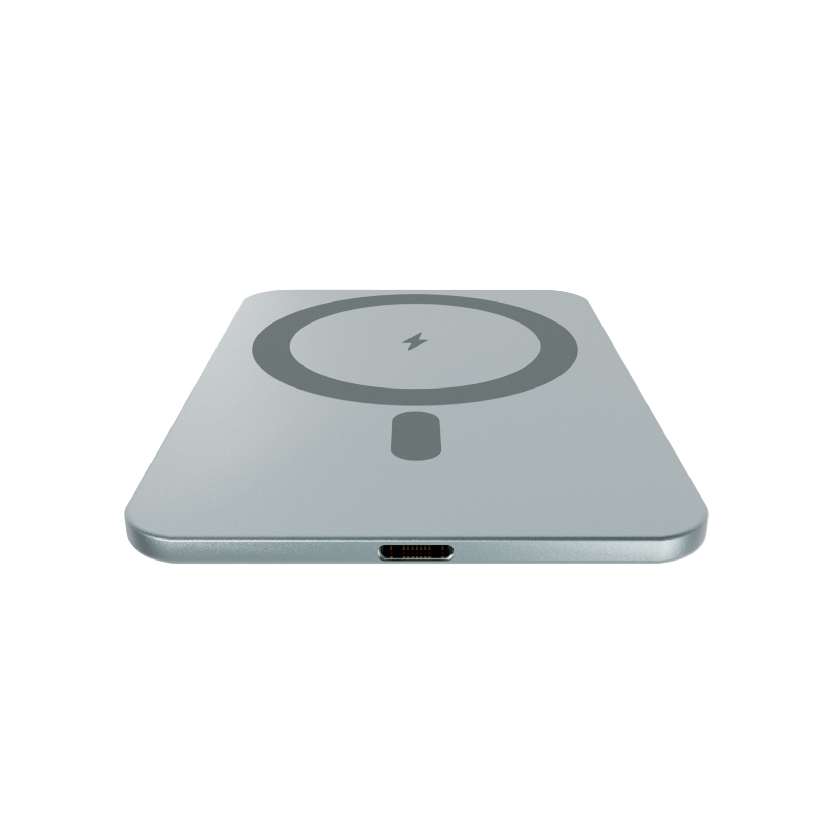 Un caricabatterie MagSafe argentato con una porta USB-C sul davanti, su sfondo bianco.