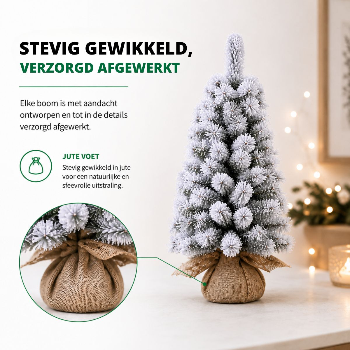 A frosted miniature Christmas tree in a burlap sack base on a light surface with Dutch promotional text.
