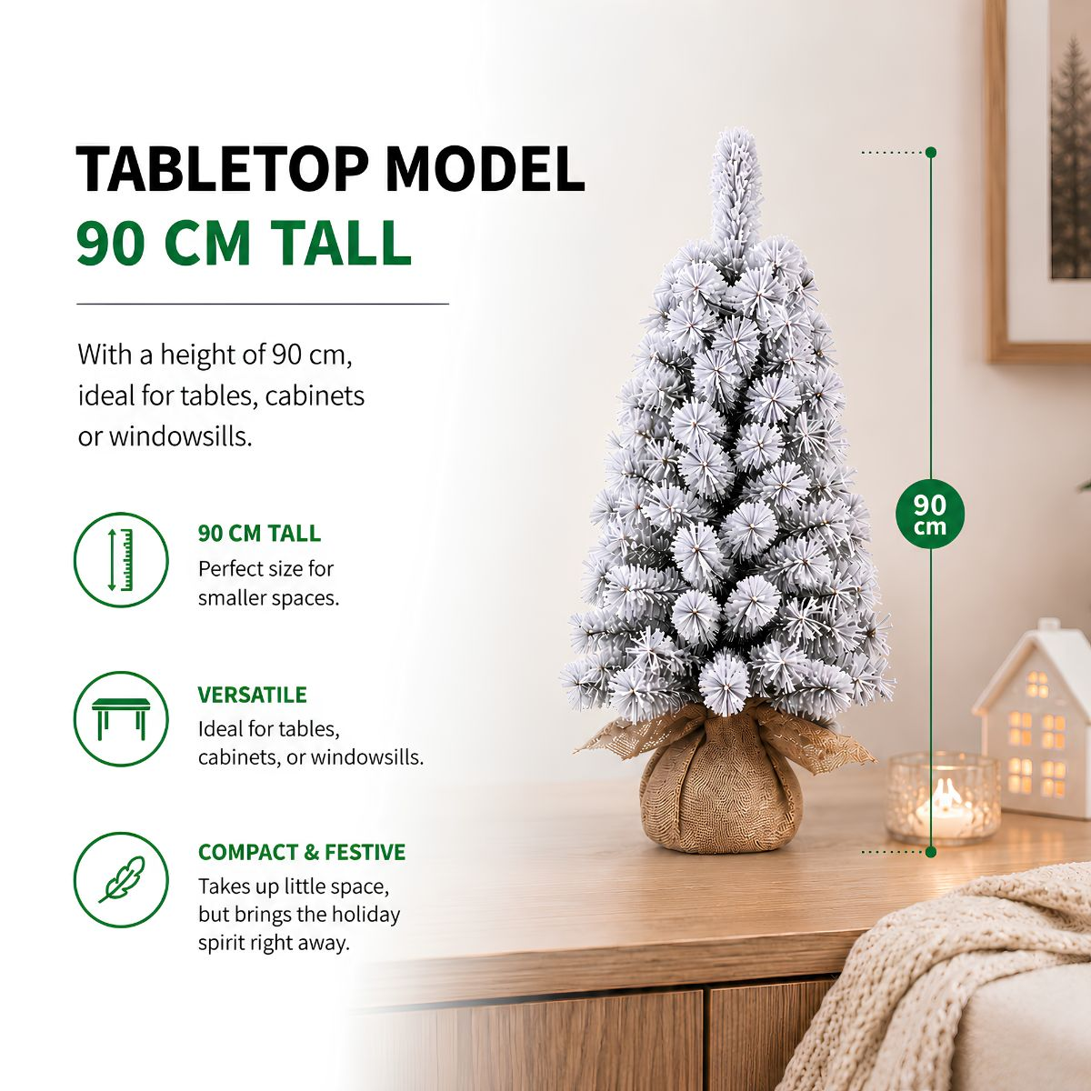A 90 cm tall artificial tabletop Christmas tree with a burlap base on a wooden dresser with text.