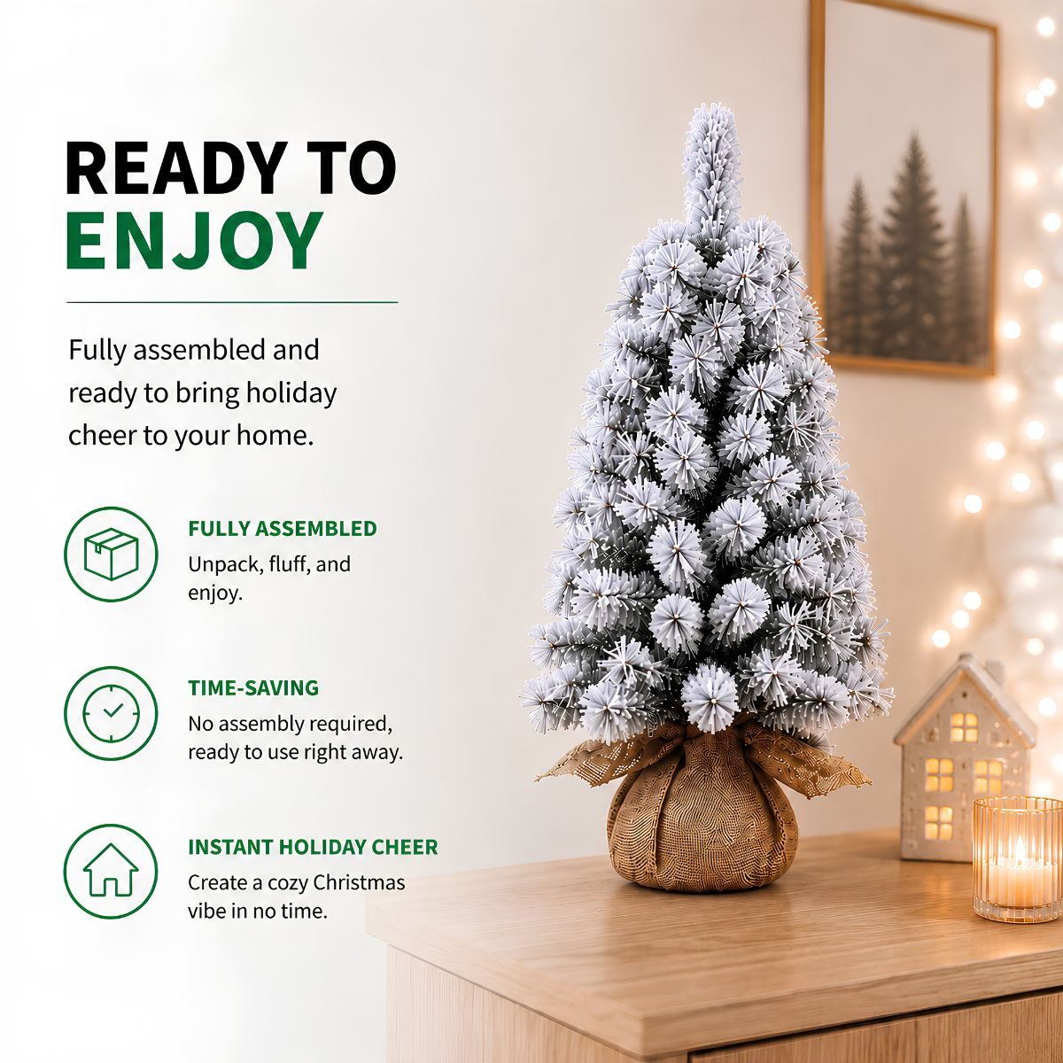 Small white Christmas tree in burlap on wooden dresser with text about easy assembly.