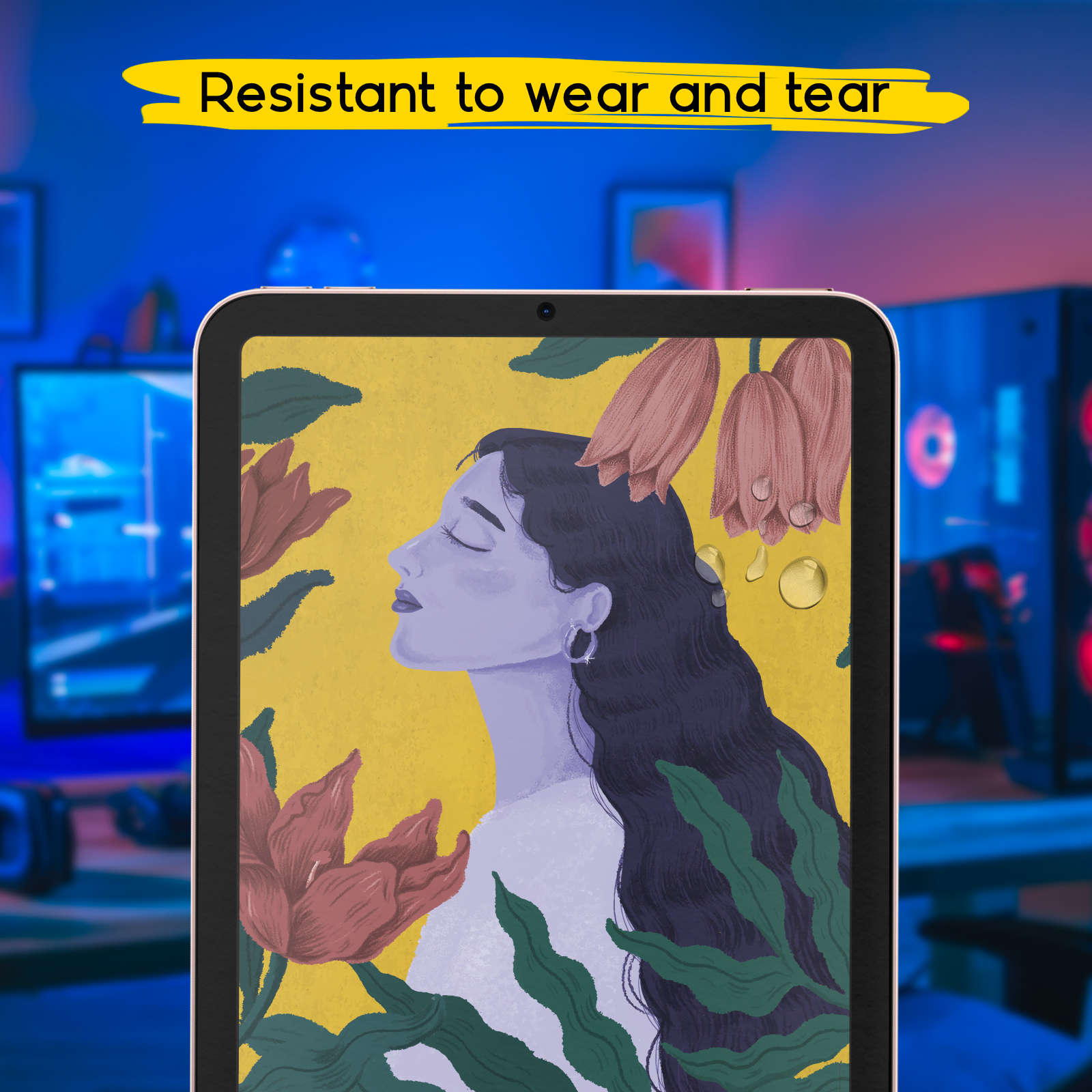 Una tableta muestra la ilustración de una mujer de perfil entre flores sobre fondo amarillo.