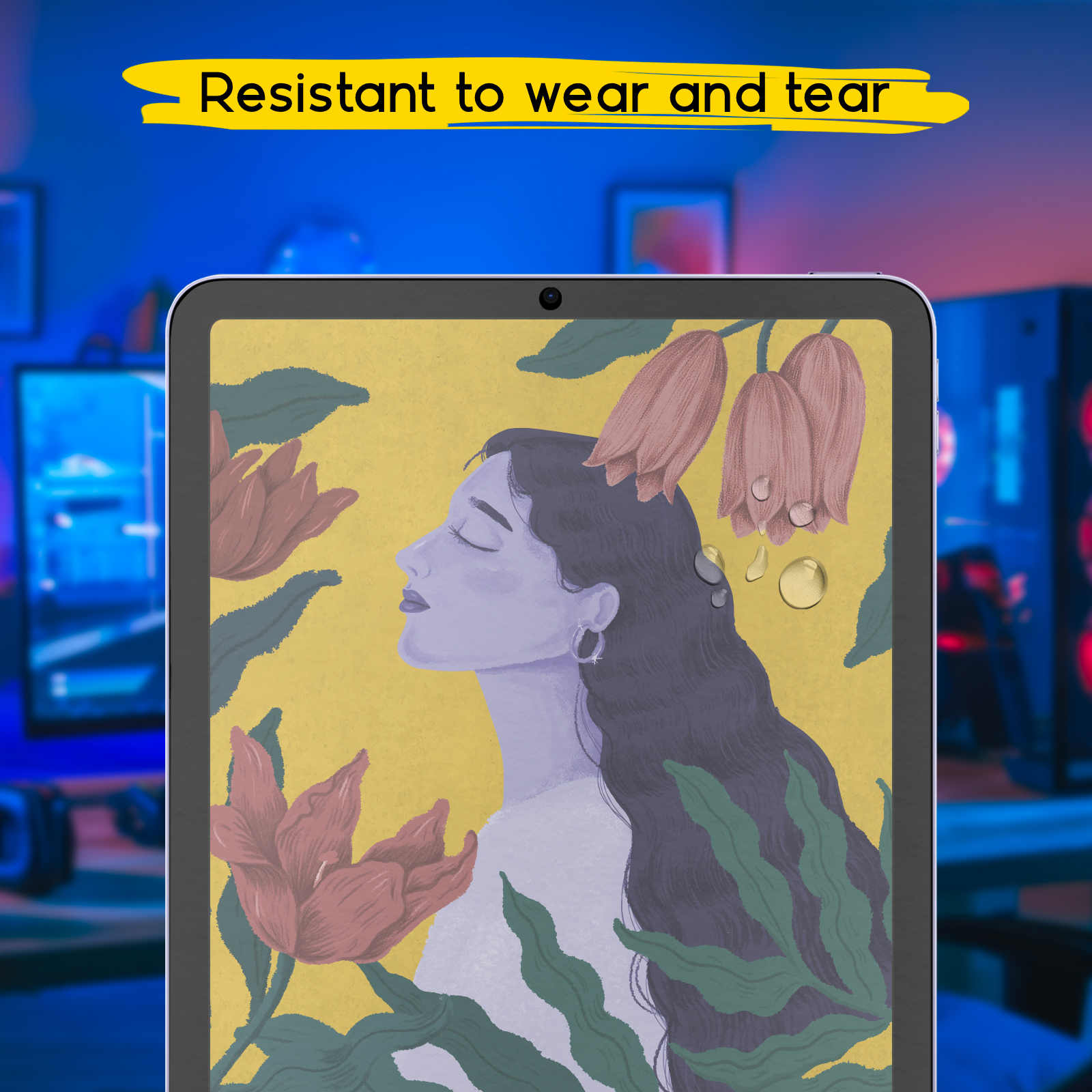 Una tableta muestra una ilustración de una mujer con flores; el texto dice Resistente al desgaste.