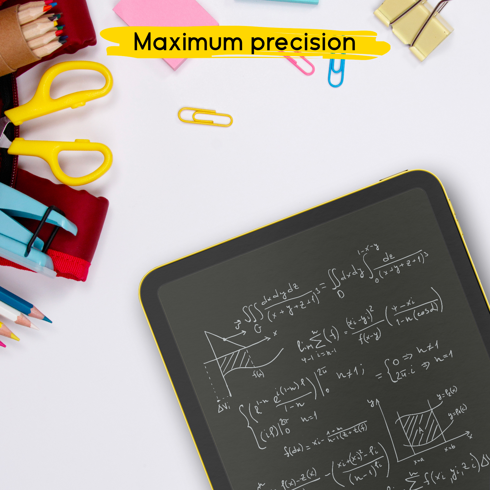 Una tableta con fórmulas matemáticas, rodeada de material escolar en un escritorio.