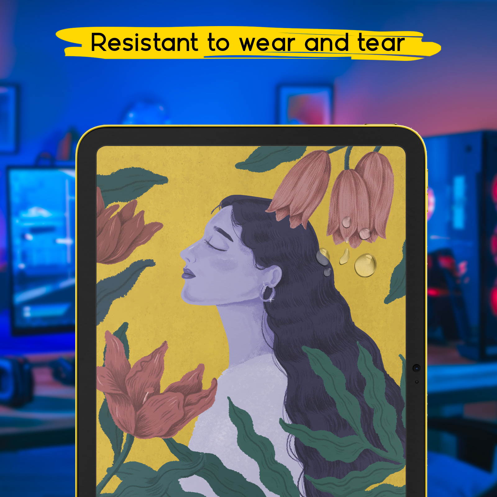 Una tableta muestra una ilustración de una mujer rodeada de flores, con gotas de agua en la pantalla.