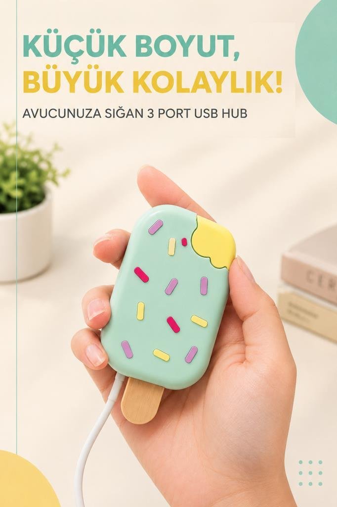 Bir el, üzerinde renkli şekerlemeler bulunan nane yeşili dondurma şeklinde 3 portlu USB hub tutuyor.