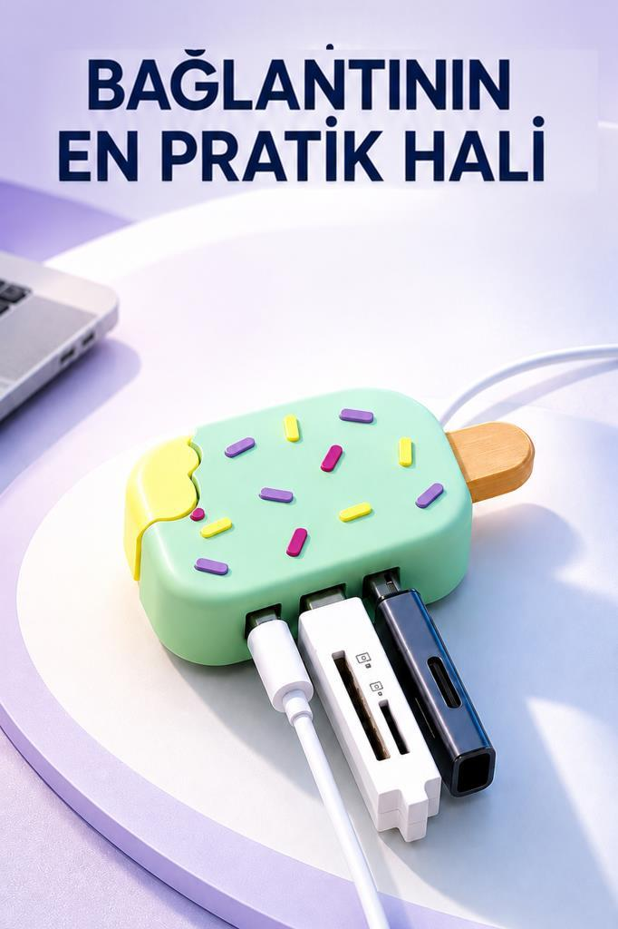 Renkli şekerlemelerle süslenmiş dondurma şeklinde bir USB çoğaltıcı ve bağlı kablolar.
