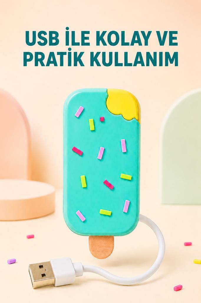 Pastel arka planda renkli süslemeli ve beyaz kablolu dondurma şeklinde USB cihazı.