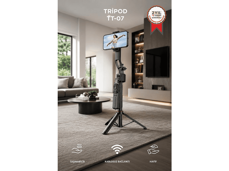 TORIMA 360 Yüz Takipli Akıllı Gimbal Çok Amaçlı Kumandalı 1.76 Cm Selfie Çubuğu TT07 Tripod Siyah