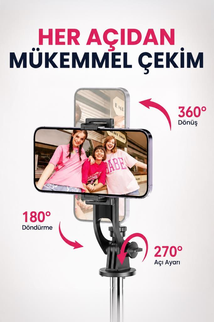 360 derece dönüş ve 180 derece eğim özelliğine sahip tutucuda akıllı telefon, Türkçe metin.