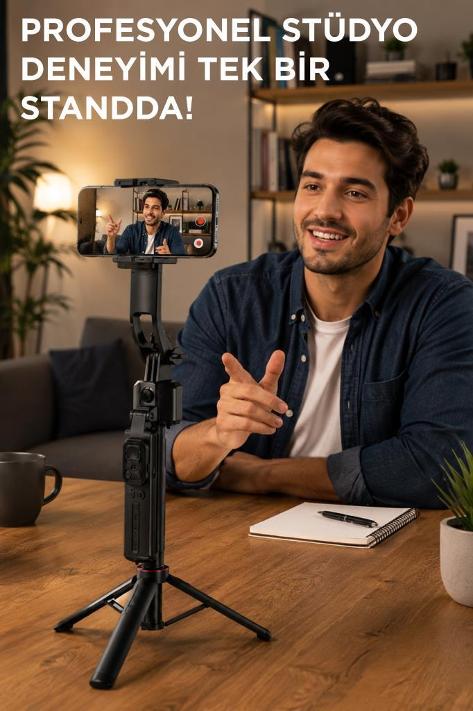 Bir adam tripod üzerindeki akıllı telefonun önünde otururken gülümsüyor, üstte metin var.