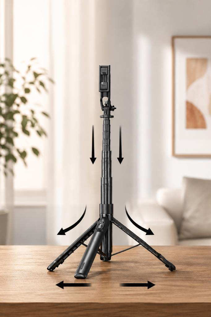 Ahşap masa üzerinde ayarlanabilirliği gösteren oklarla siyah bir tripod.