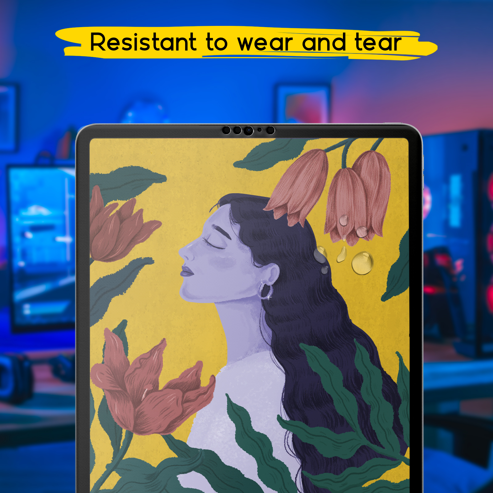 Una tableta muestra la ilustración de una mujer con flores y gotas de agua sobre fondo amarillo.