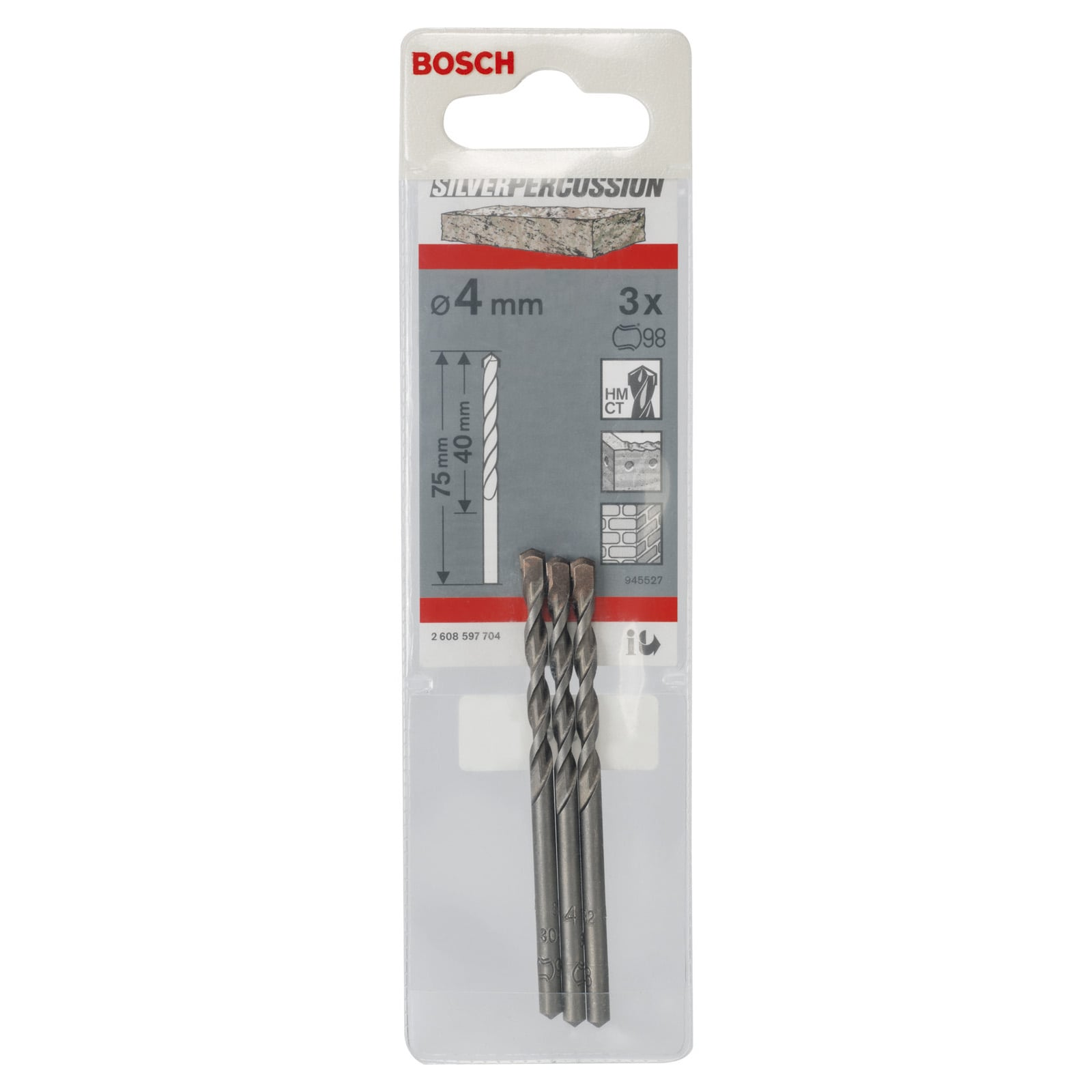 Ein Bosch Silver Percussion Steinbohrer-Set mit drei 4-mm-Bohrern in Originalverpackung.