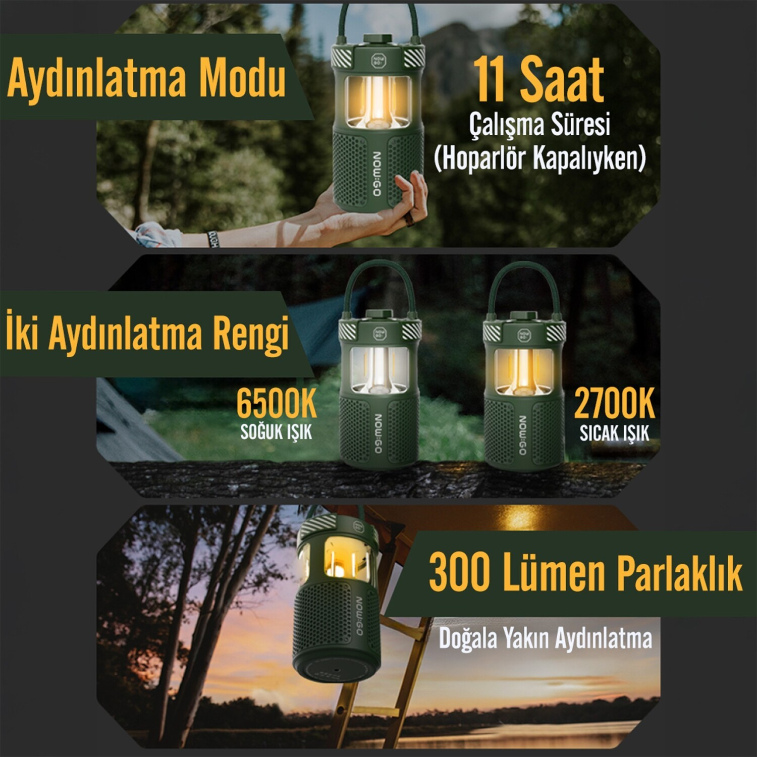 Zielona latarnia kempingowa z tekstami o trybie oświetlenia, 11 godzinach pracy, dwóch temperaturach barwowych i 300 lumenach.