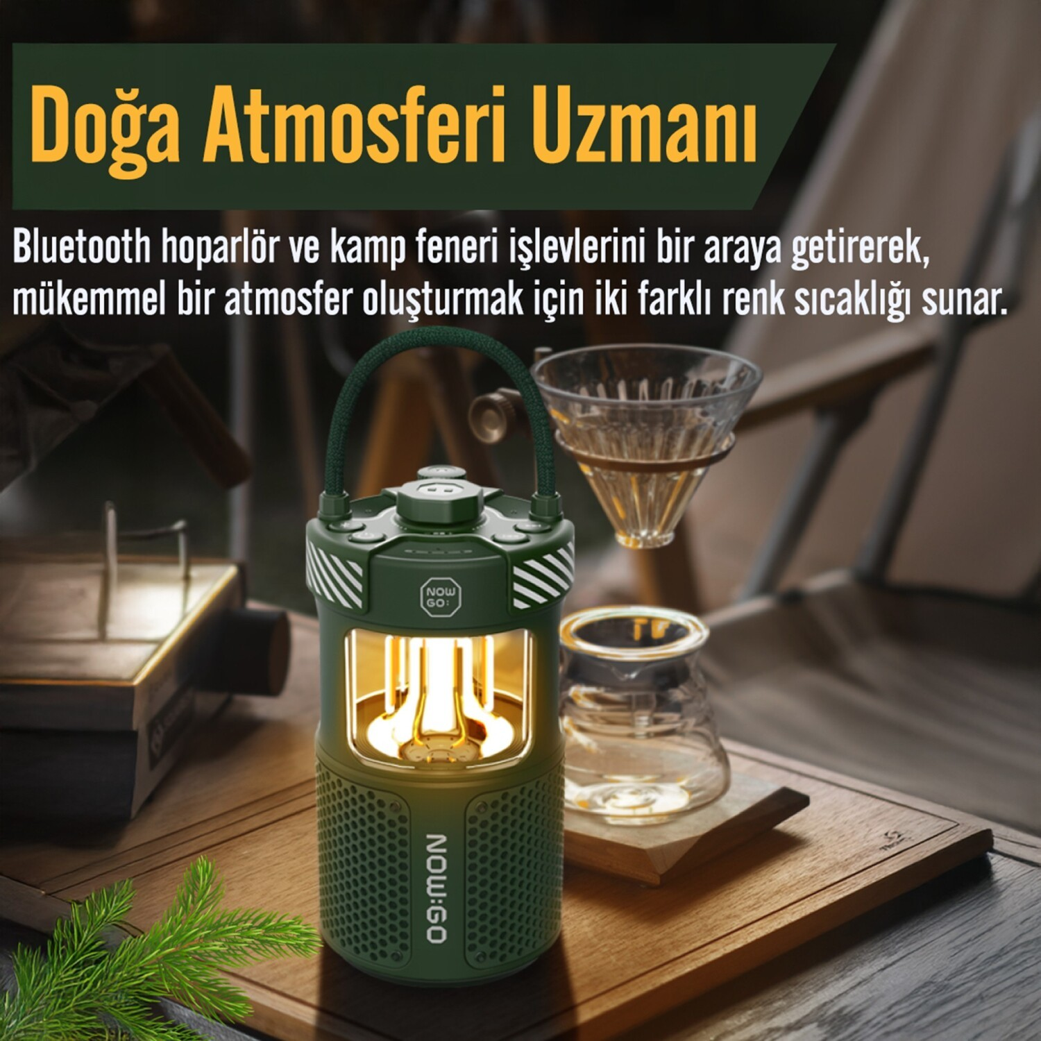 Zielona latarnia kempingowa z wbudowanym głośnikiem Bluetooth stoi na drewnianym stole.