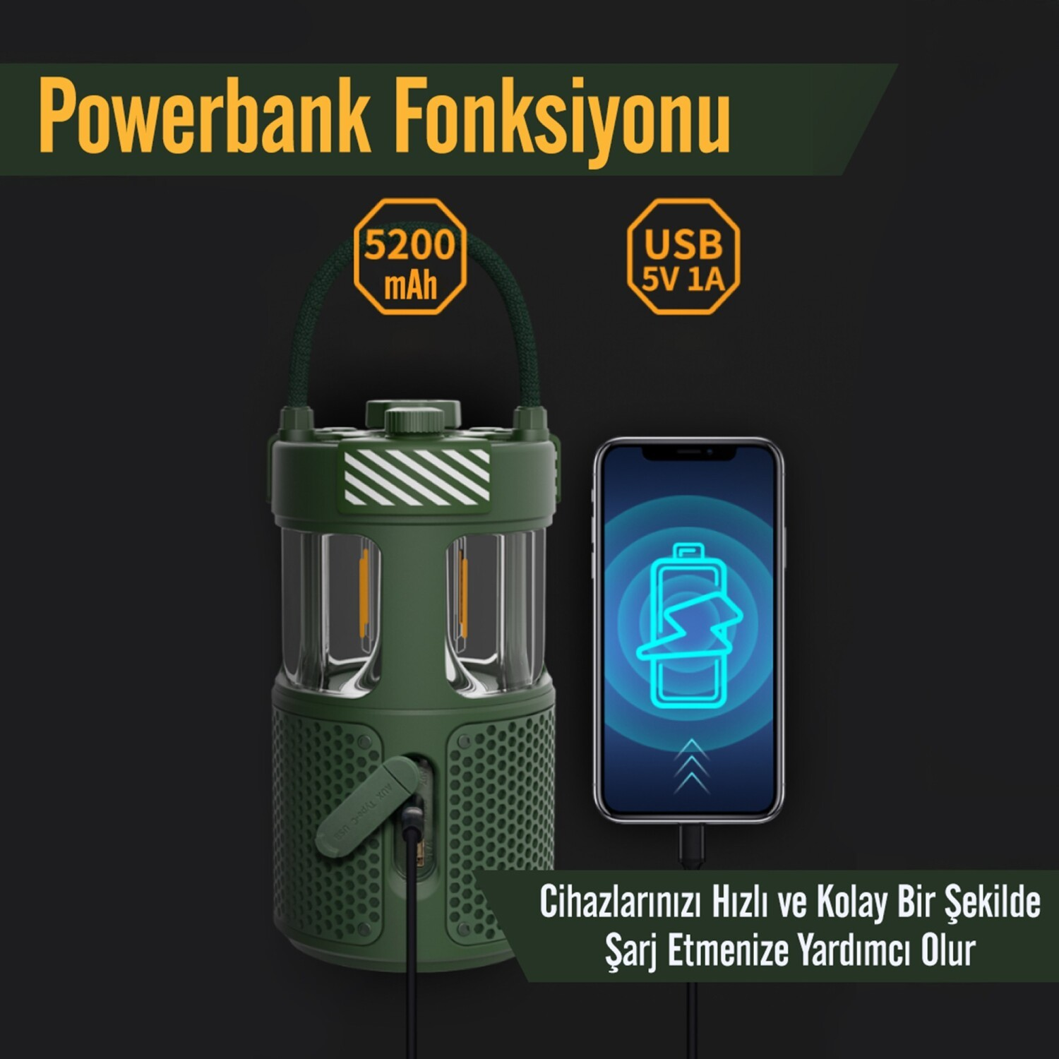 Zielona latarnia kempingowa z funkcją powerbanka ładująca smartfon na czarnym tle.