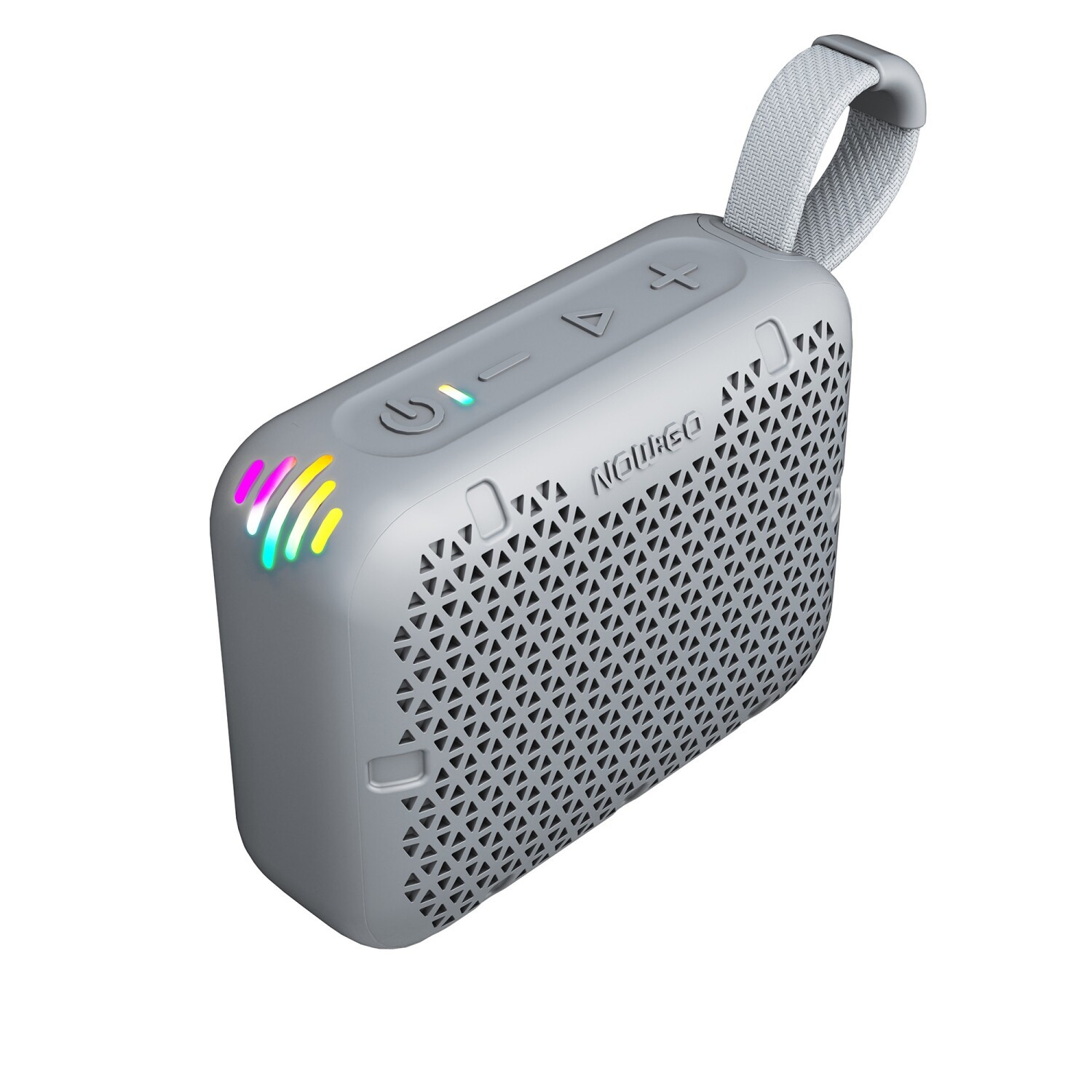 Szary głośnik Bluetooth z kolorowymi diodami LED z boku, materiałowym paskiem i przyciskami sterującymi na górze.
