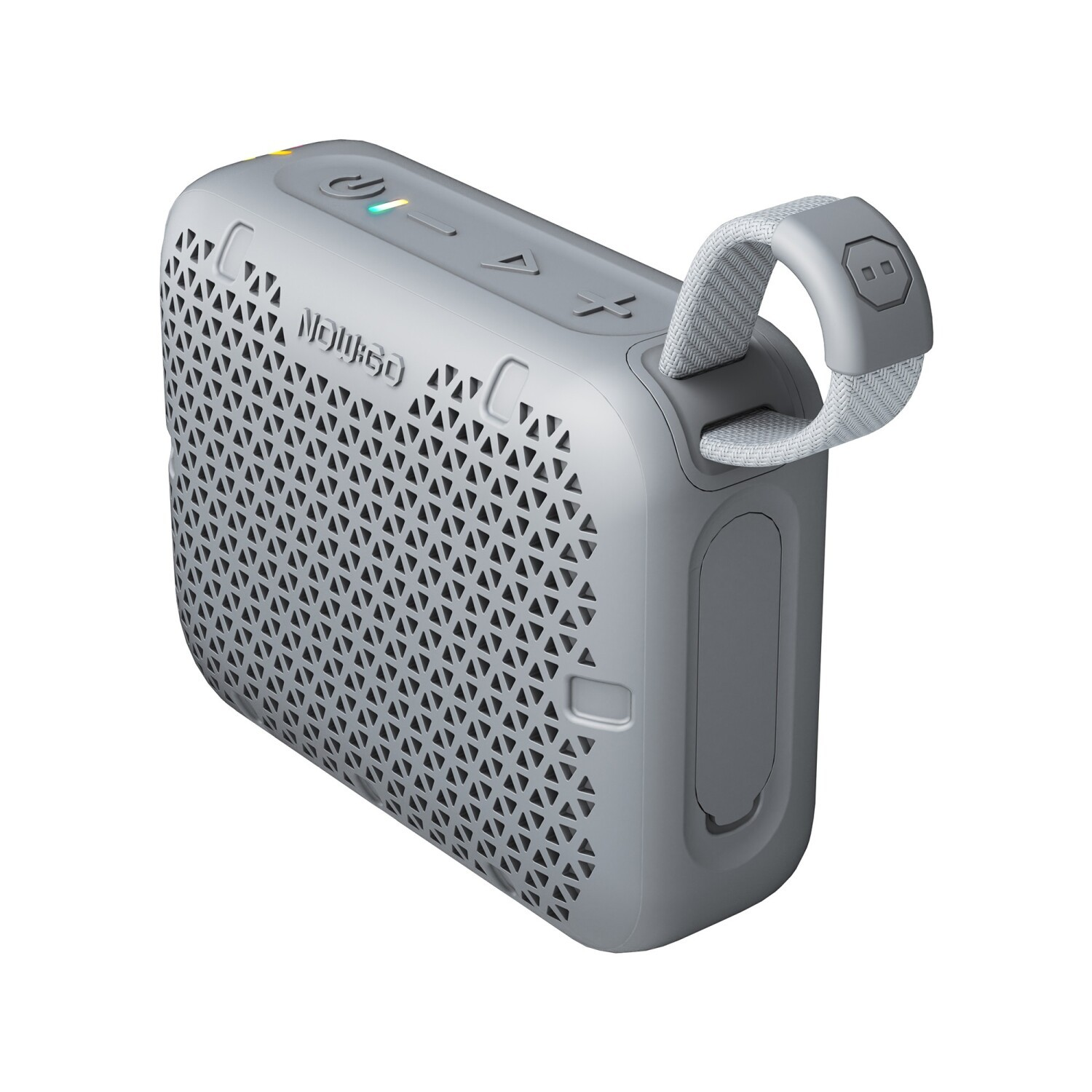 Szary, przenośny głośnik Bluetooth z trójkątną kratką i paskiem do noszenia.