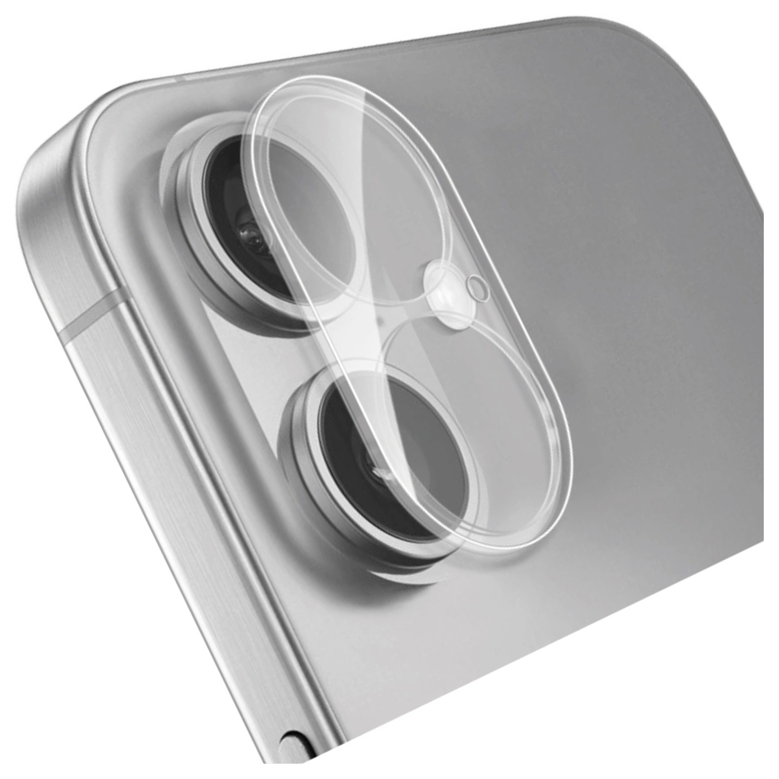 Un protector de lente de cámara de vidrio transparente sobre el módulo de cámara dual en un teléfono.