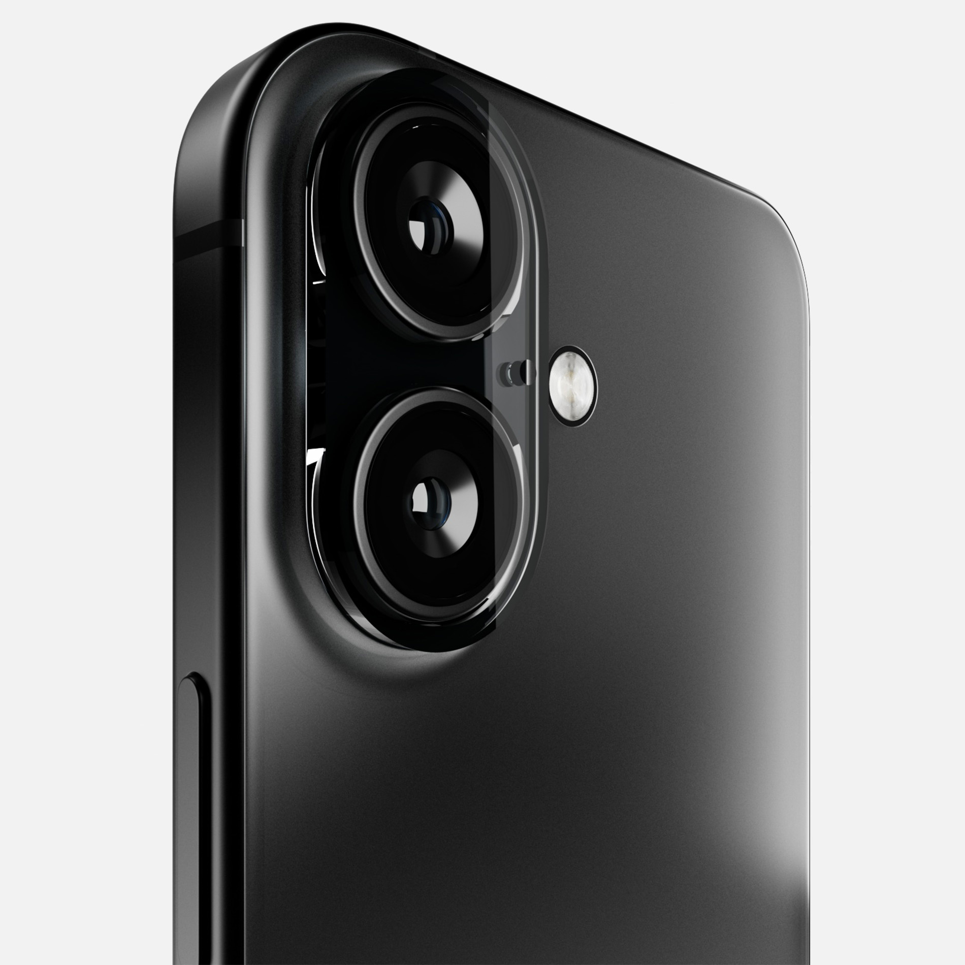 Primer plano de la parte trasera de un smartphone negro con doble cámara vertical y flash LED sobre fondo claro.