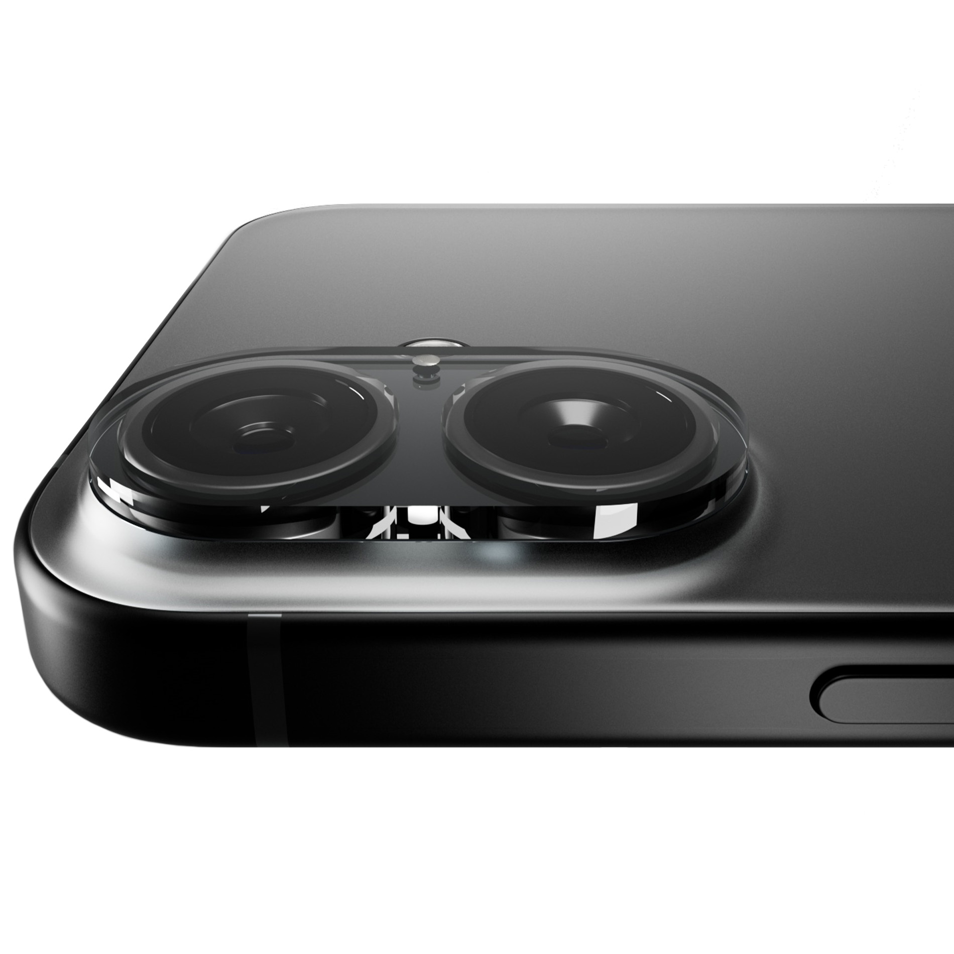 Primer plano de la parte trasera de un smartphone negro con dos grandes lentes de cámara lado a lado.