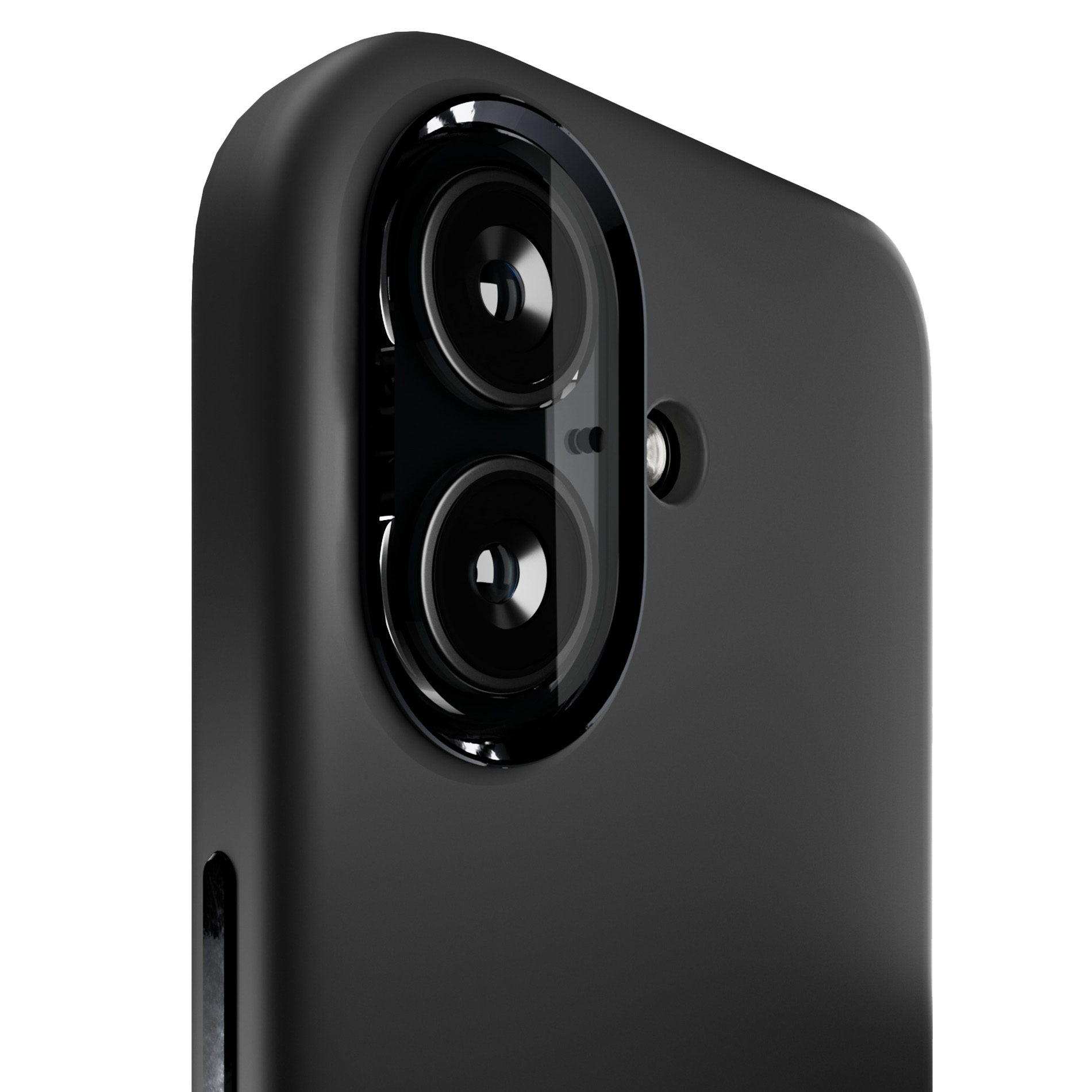 Primer plano de la parte trasera del smartphone negro con doble cámara vertical y flash.
