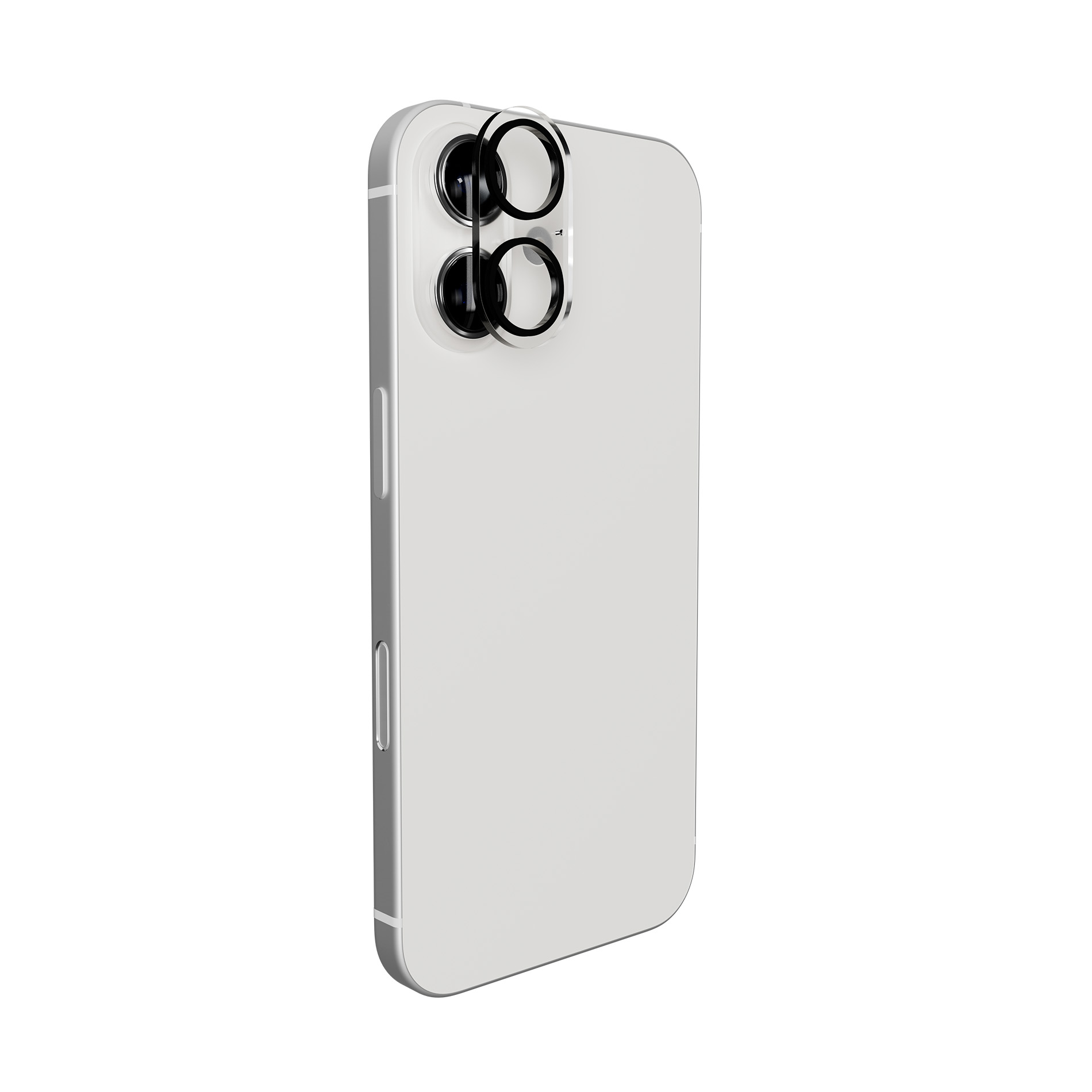 Parte trasera de un smartphone blanco con doble cámara y anillos protectores transparentes sobre fondo blanco.