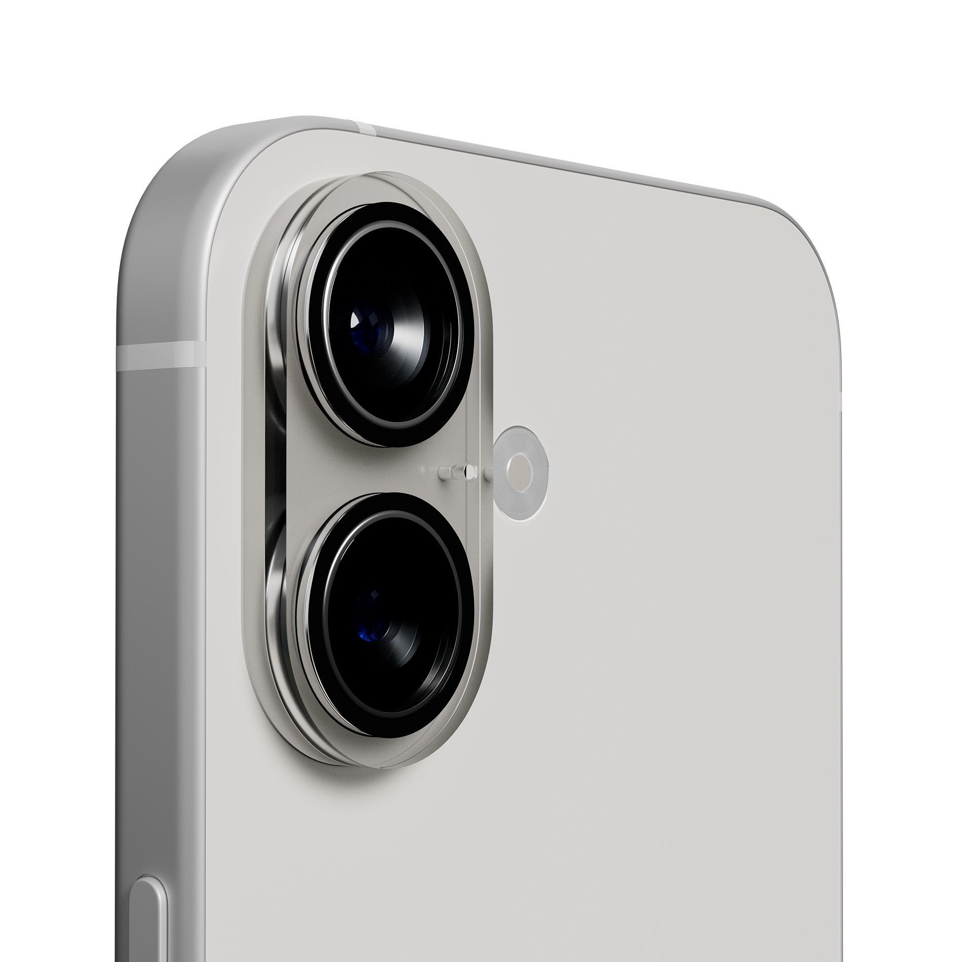 Primer plano de la parte trasera de un smartphone plateado con cámara dual vertical y flash sobre fondo neutro.