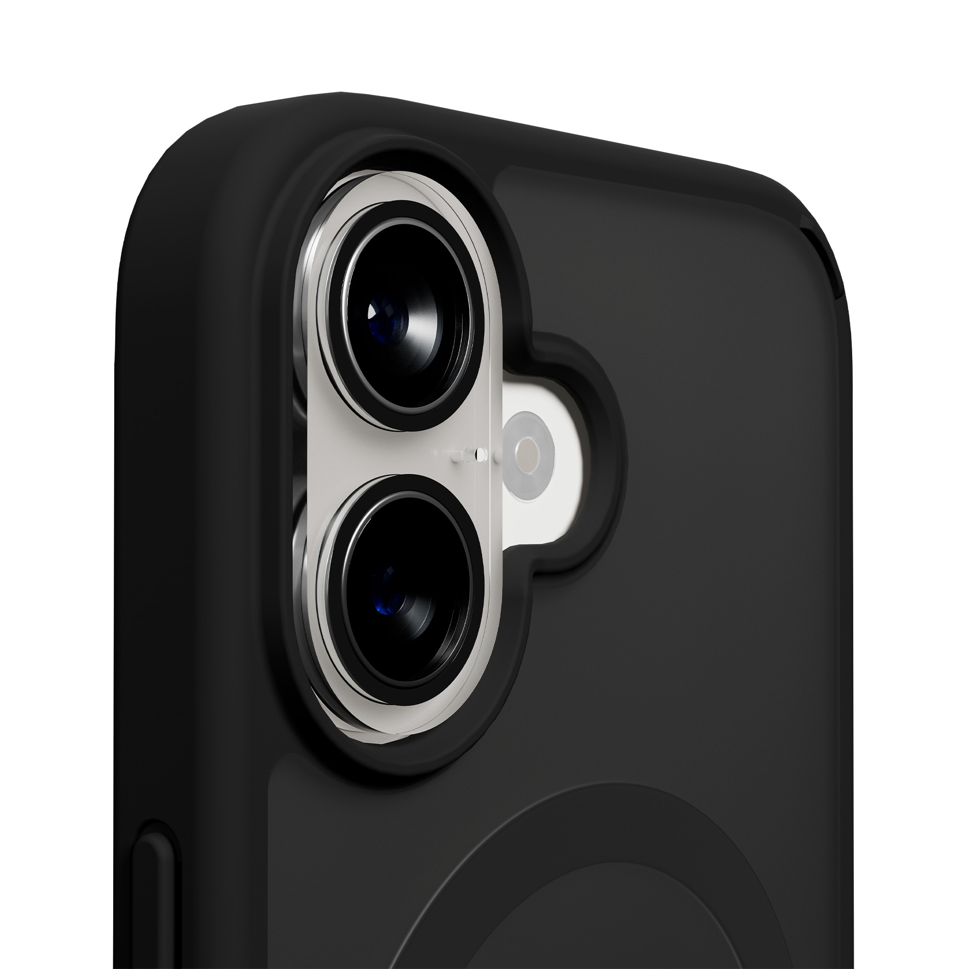 Primer plano de una funda de smartphone negra que muestra su recorte de doble cámara vertical y flash LED sobre fondo blanco.