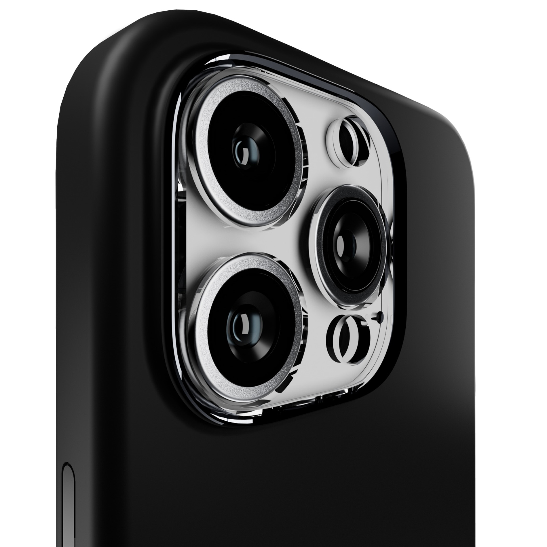 Primer plano del módulo de triple cámara en la parte posterior de un smartphone negro sobre fondo blanco.