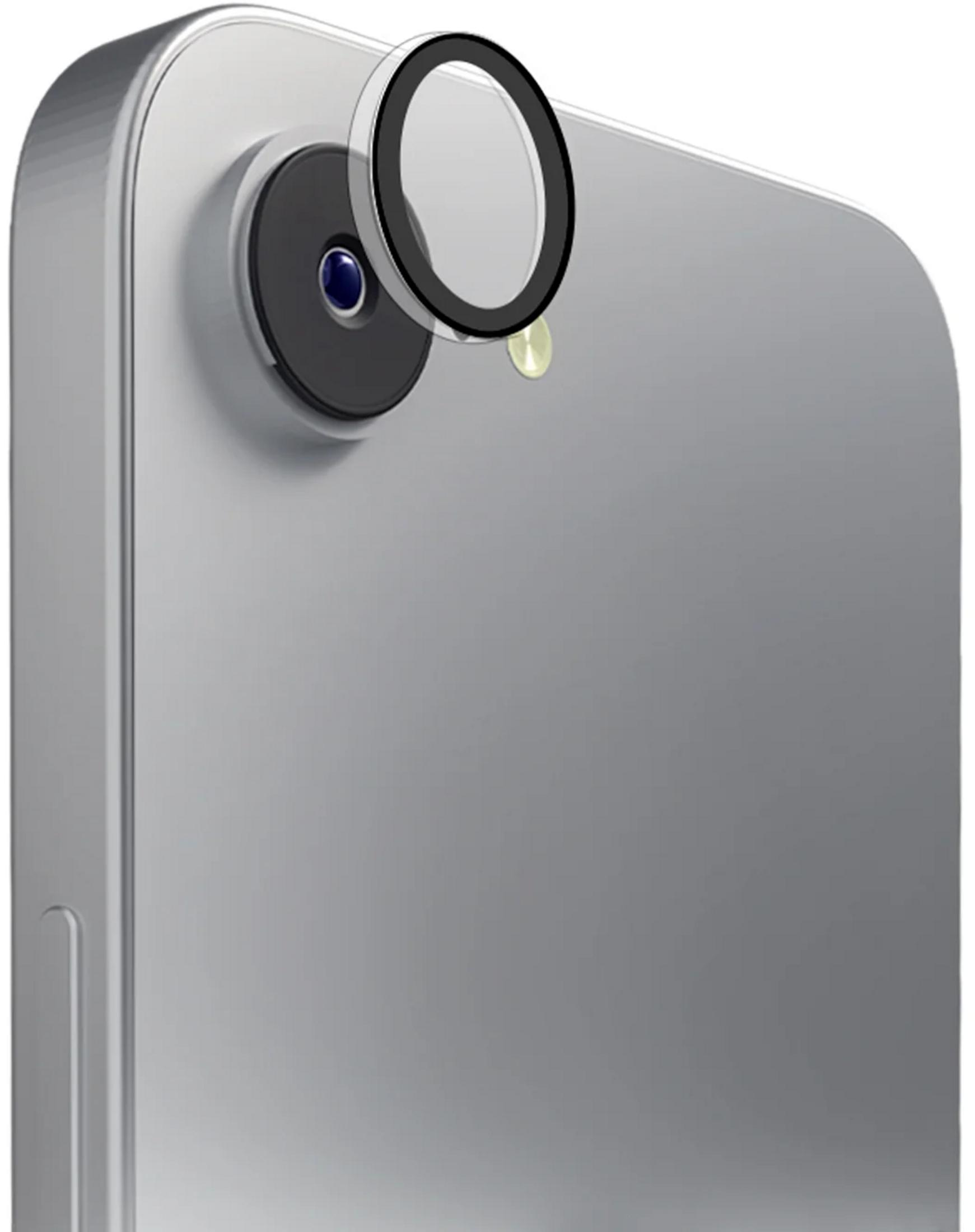 Una cámara de teléfono con un vidrio protector circular flotando arriba.