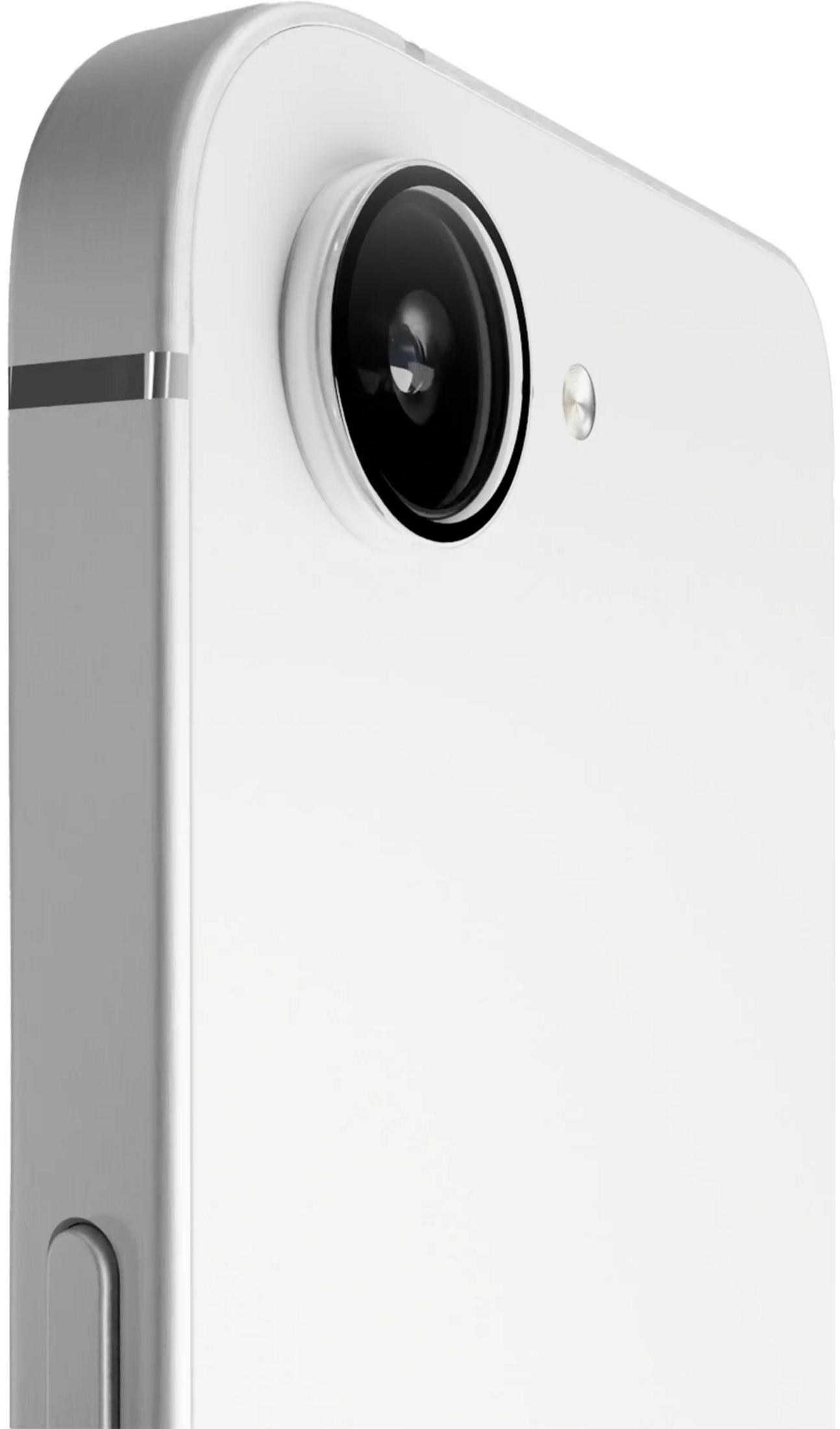 Primer plano de la parte trasera de un smartphone blanco que muestra la lente de su cámara y un marco metálico.