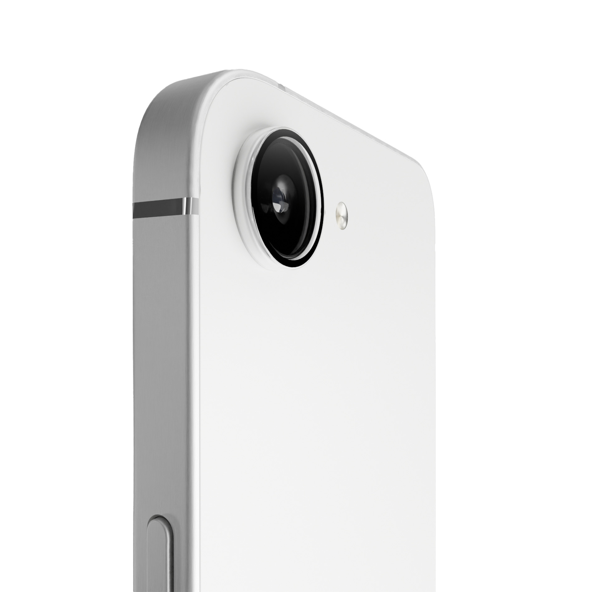Primer plano de la parte trasera de un smartphone blanco con una cámara prominente y flash sobre fondo blanco.