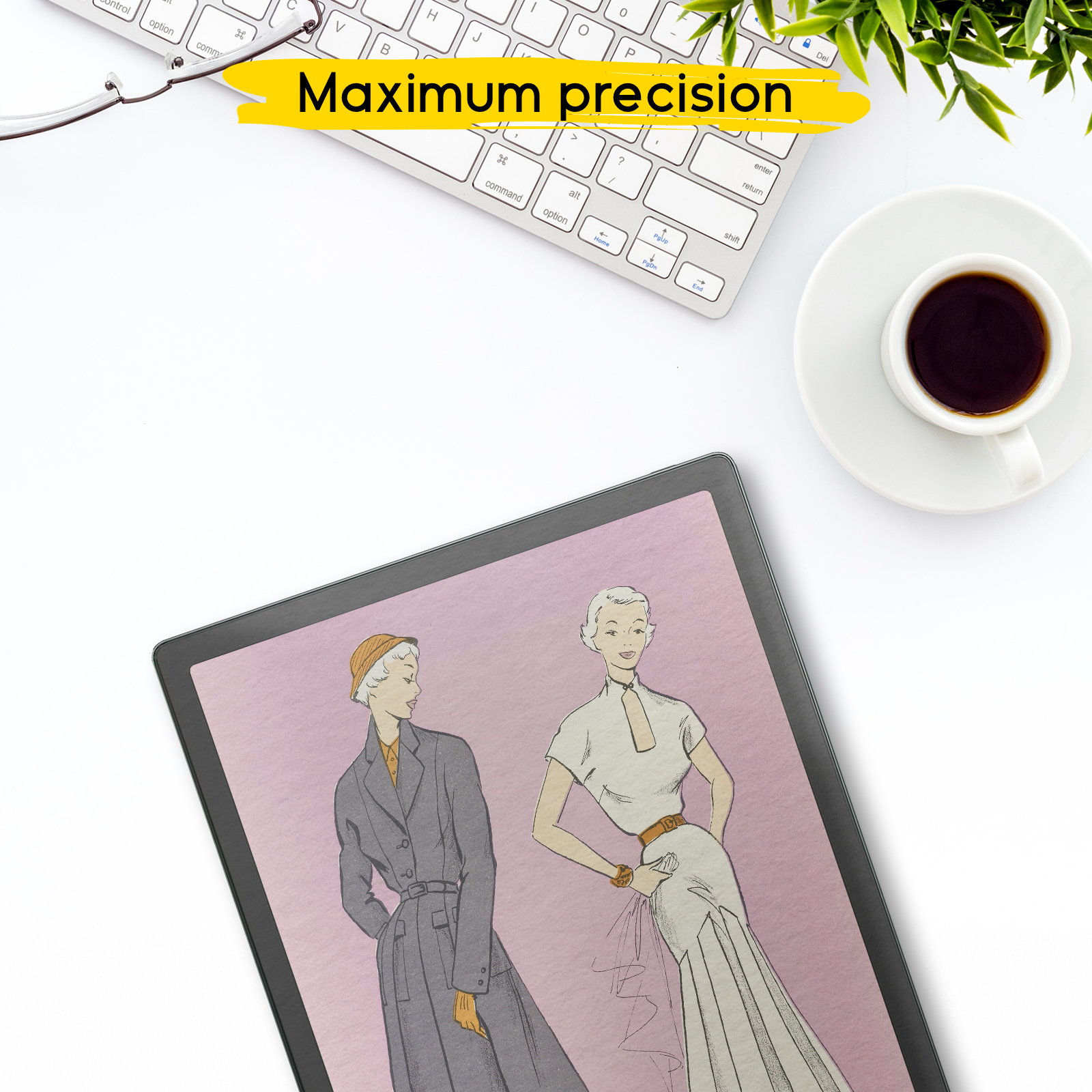 Un escritorio con teclado, taza de café, gafas y una tableta con ilustraciones de moda.