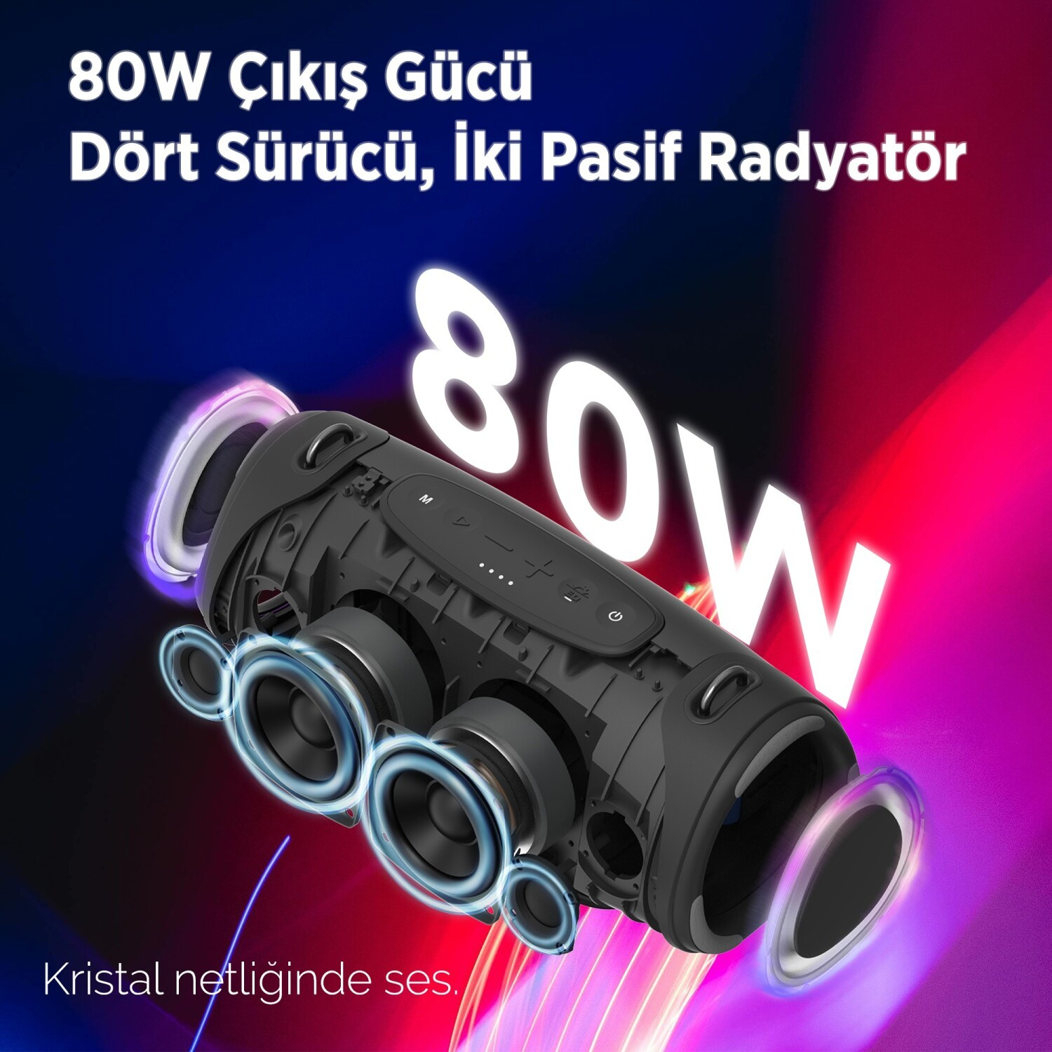 Przekrój czarnego głośnika Bluetooth pokazujący cztery przetworniki i dwa pasywne radiatory.