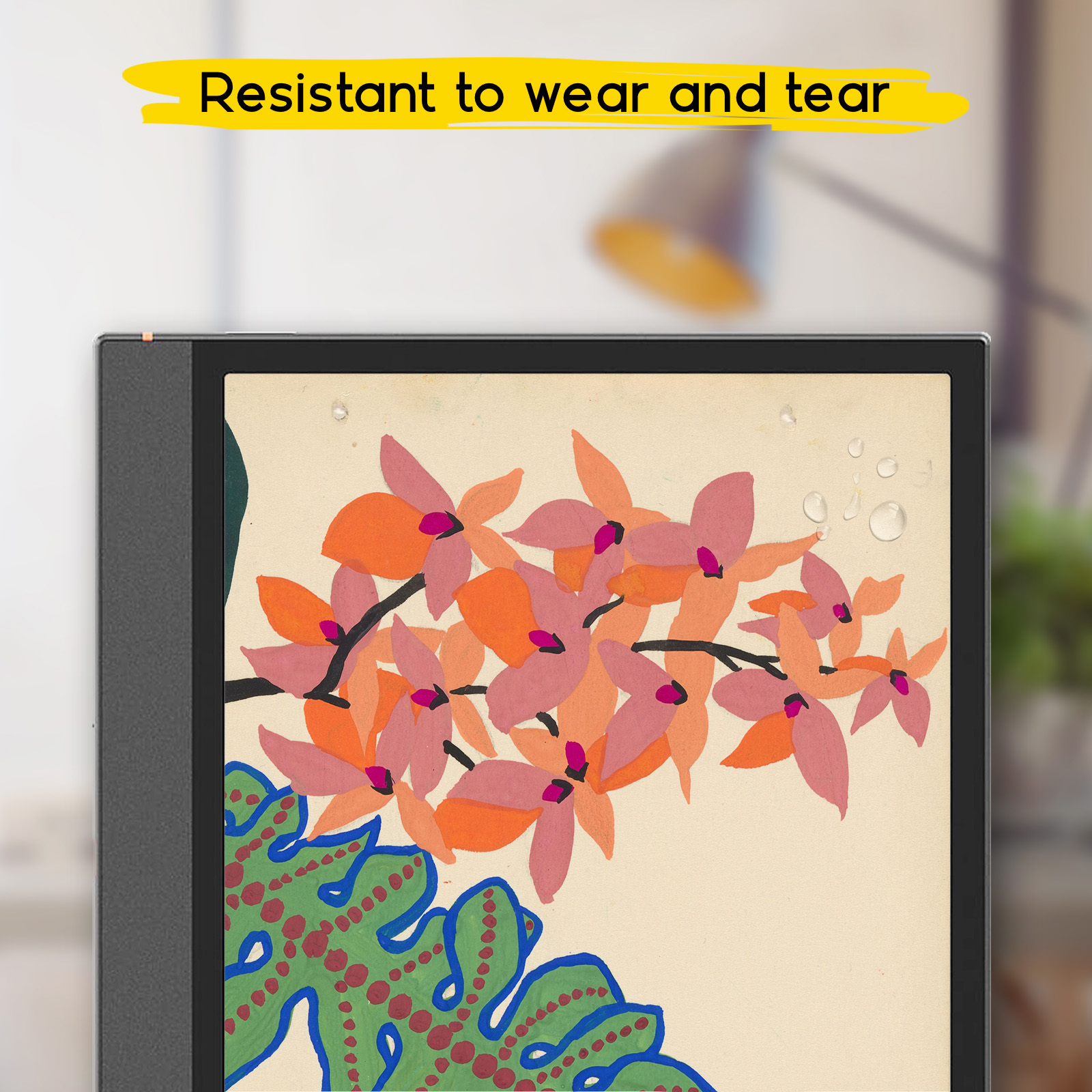 Un lector electrónico muestra una imagen pintada de orquídeas naranjas y rosadas con gotas de agua.