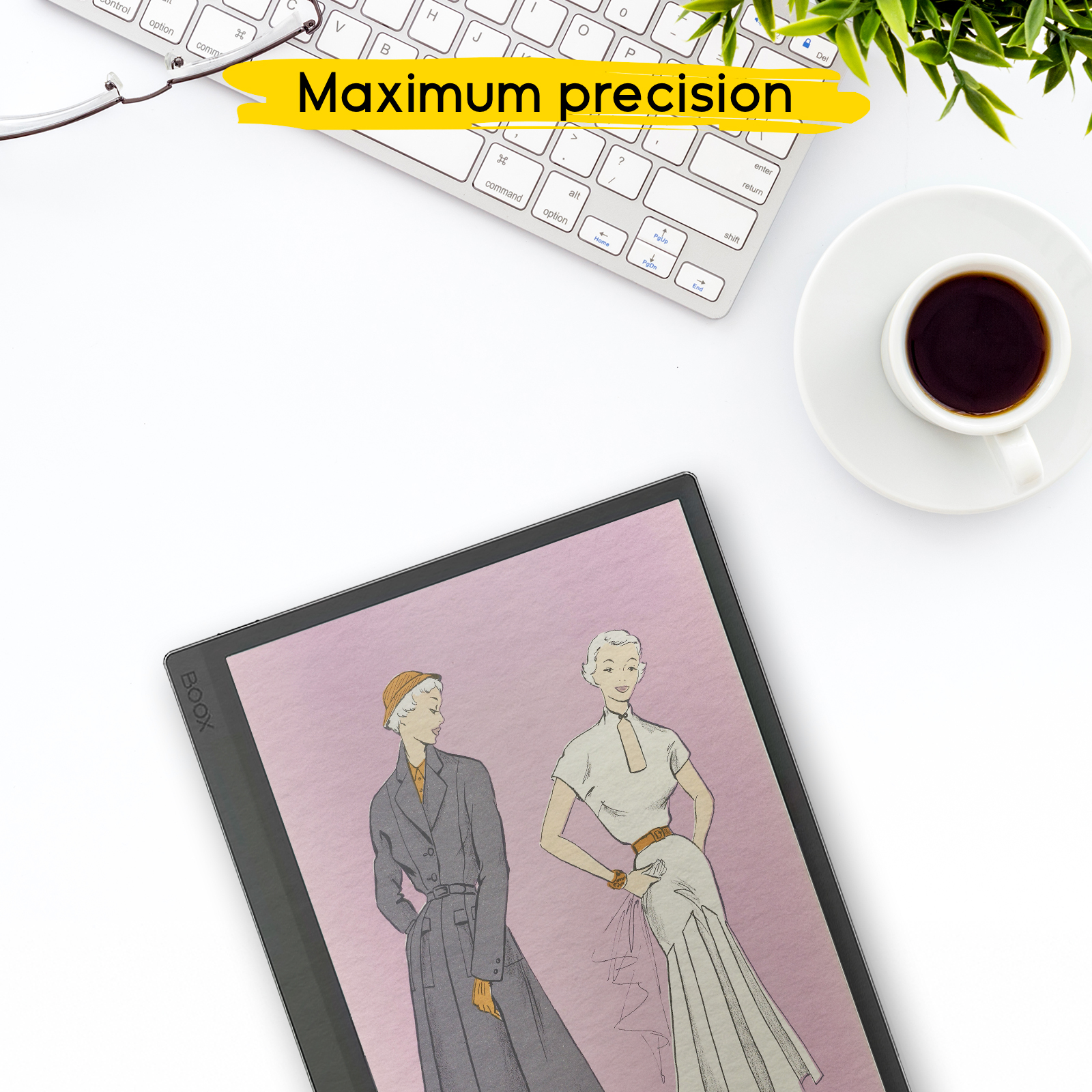 Una tableta con diseño de moda, taza de café, gafas y teclado en mesa blanca.