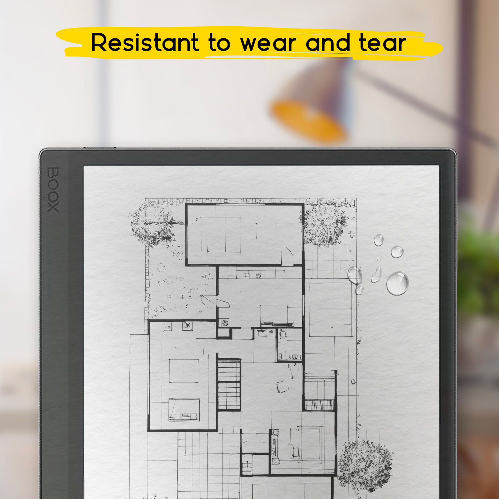 Un e-reader que muestra un plano arquitectónico en su pantalla, con gotas de agua.