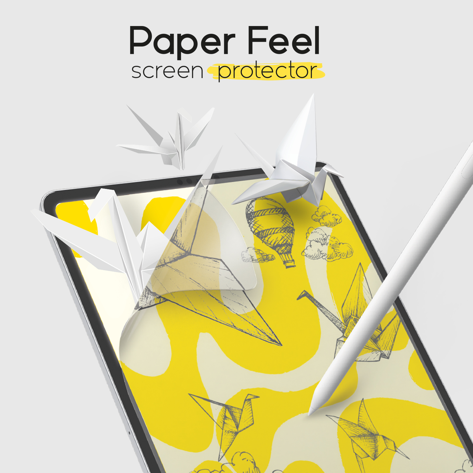 Protector de pantalla táctil de papel en tableta con grullas de papel.