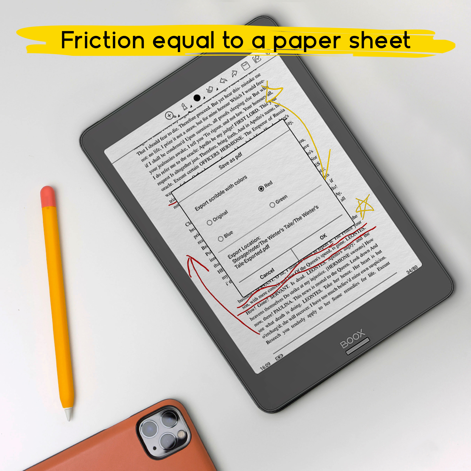 Un lector de libros electrónicos Boox con un PDF anotado, lápiz y funda naranja sobre una mesa blanca.