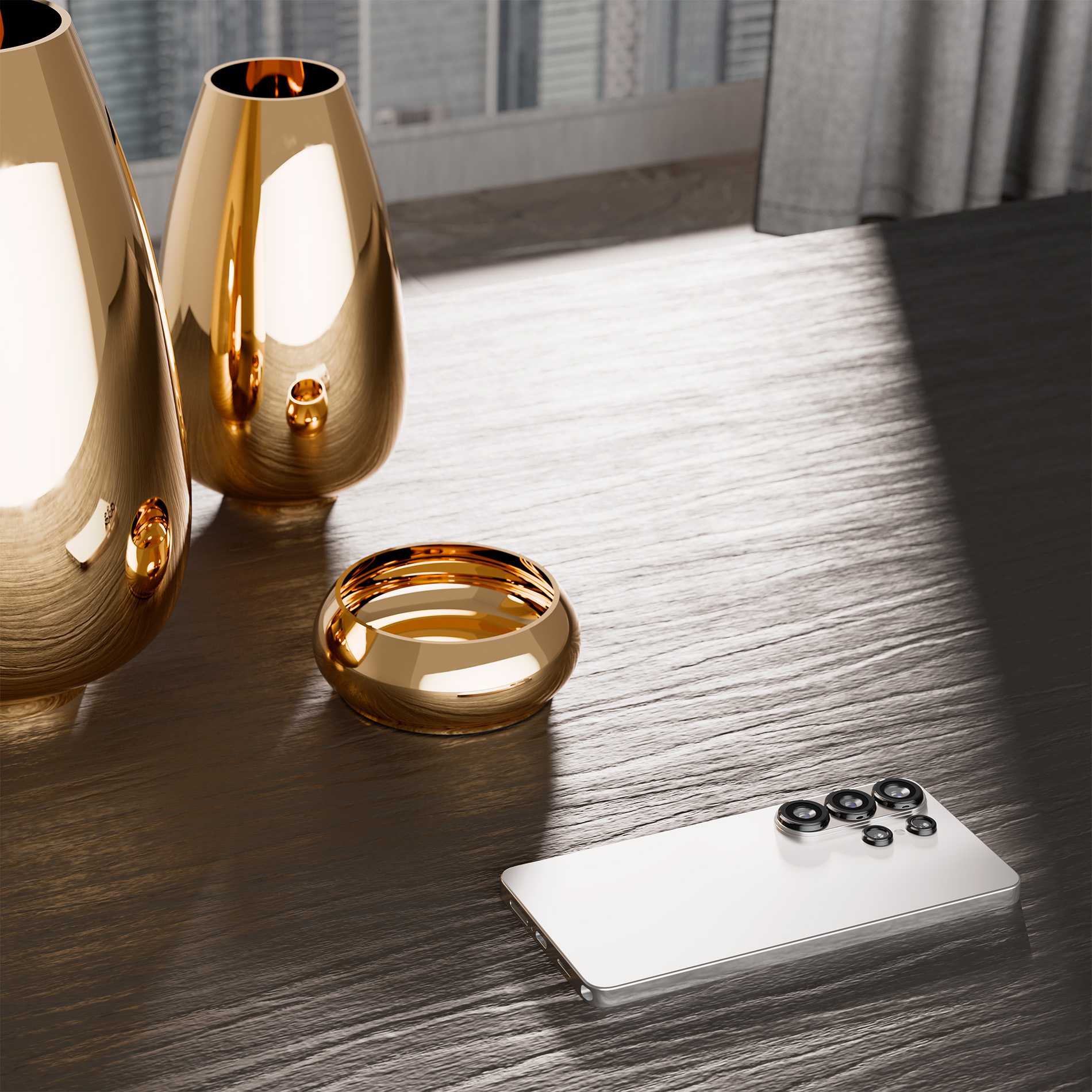 Un smartphone blanco yace en una mesa de madera junto a jarrones dorados y un pequeño bol.