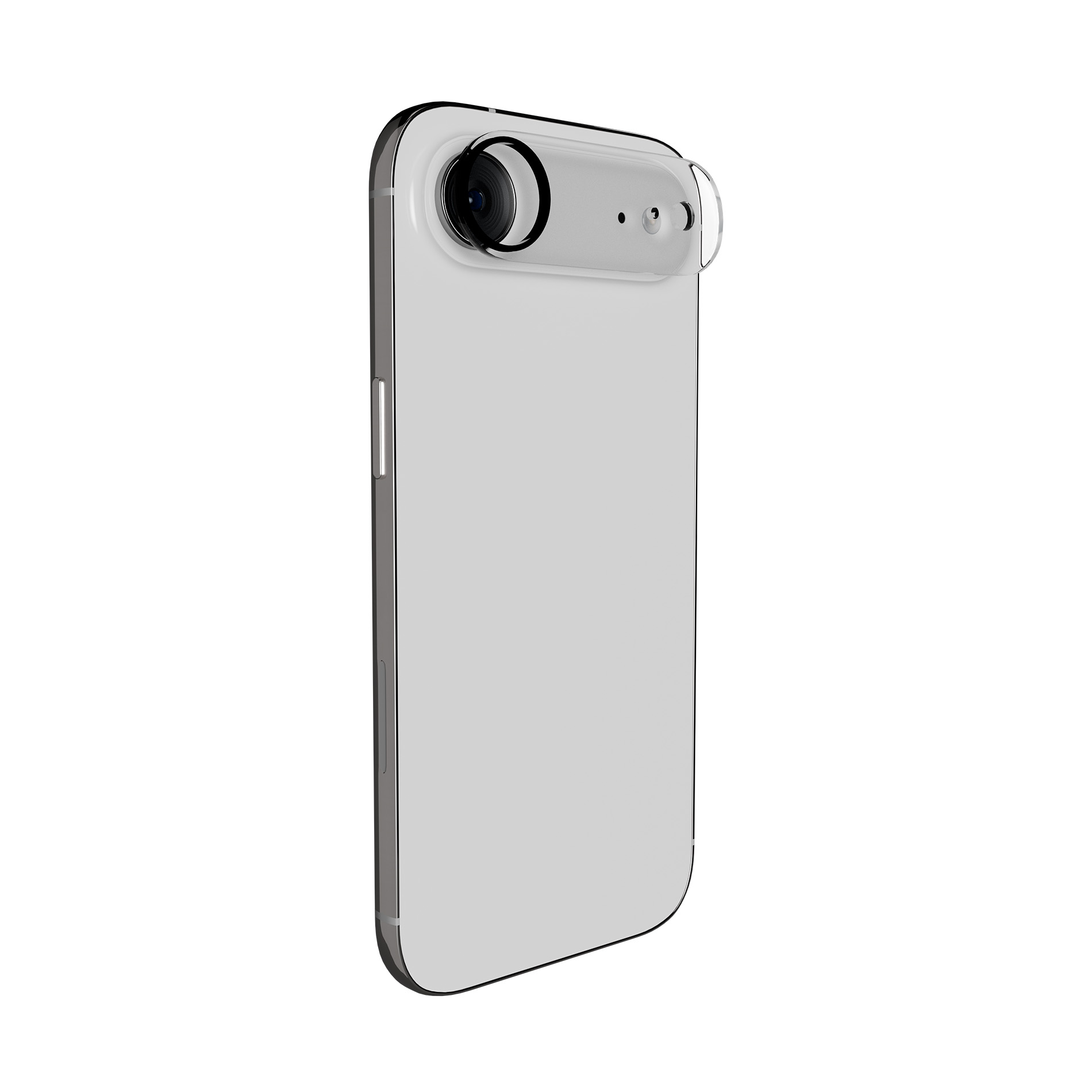 Parte trasera de un smartphone plateado con visor de cámara horizontal y accesorio de lente circular en fondo blanco.