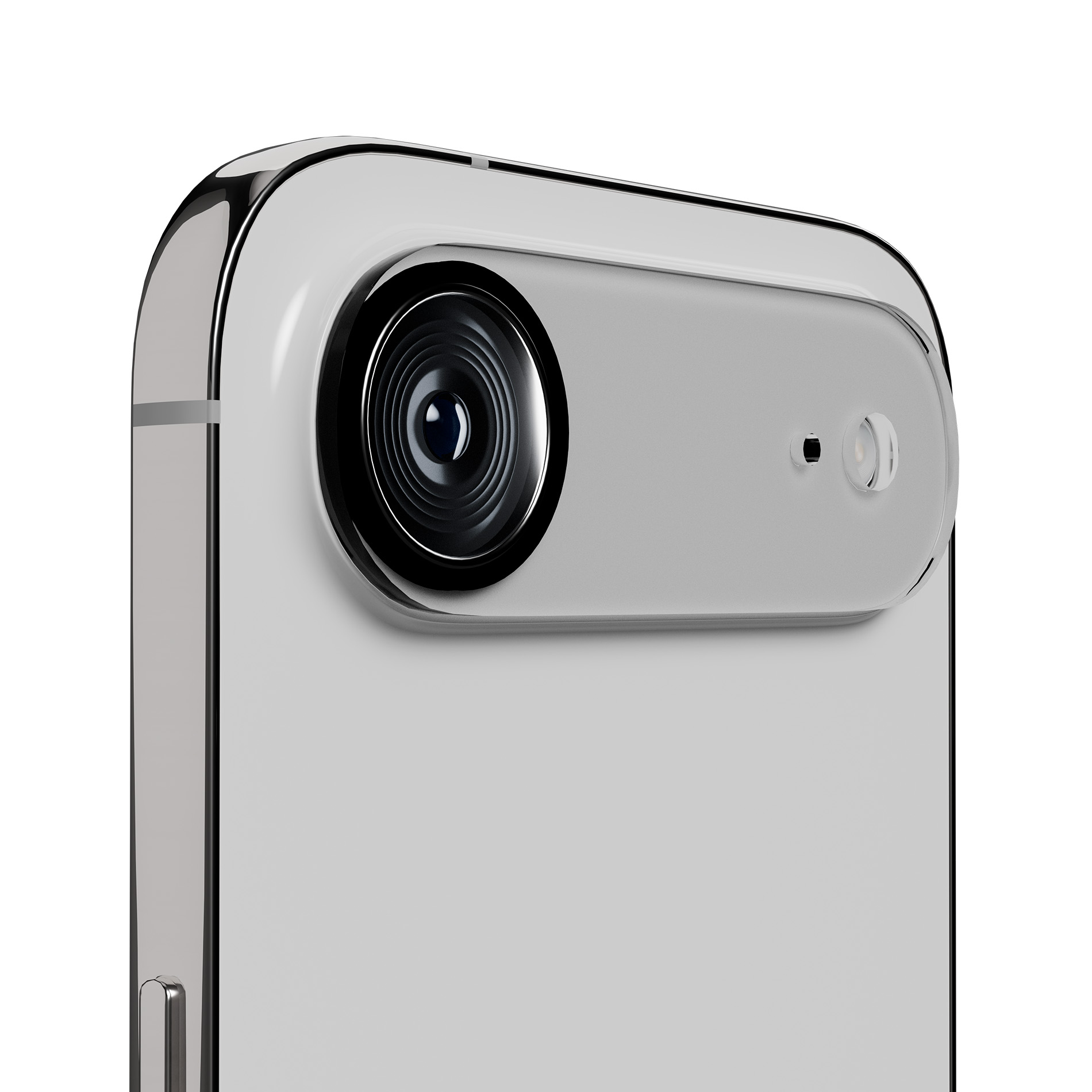 Primer plano de la parte trasera blanca de un smartphone con una gran cámara y flash sobre fondo blanco.