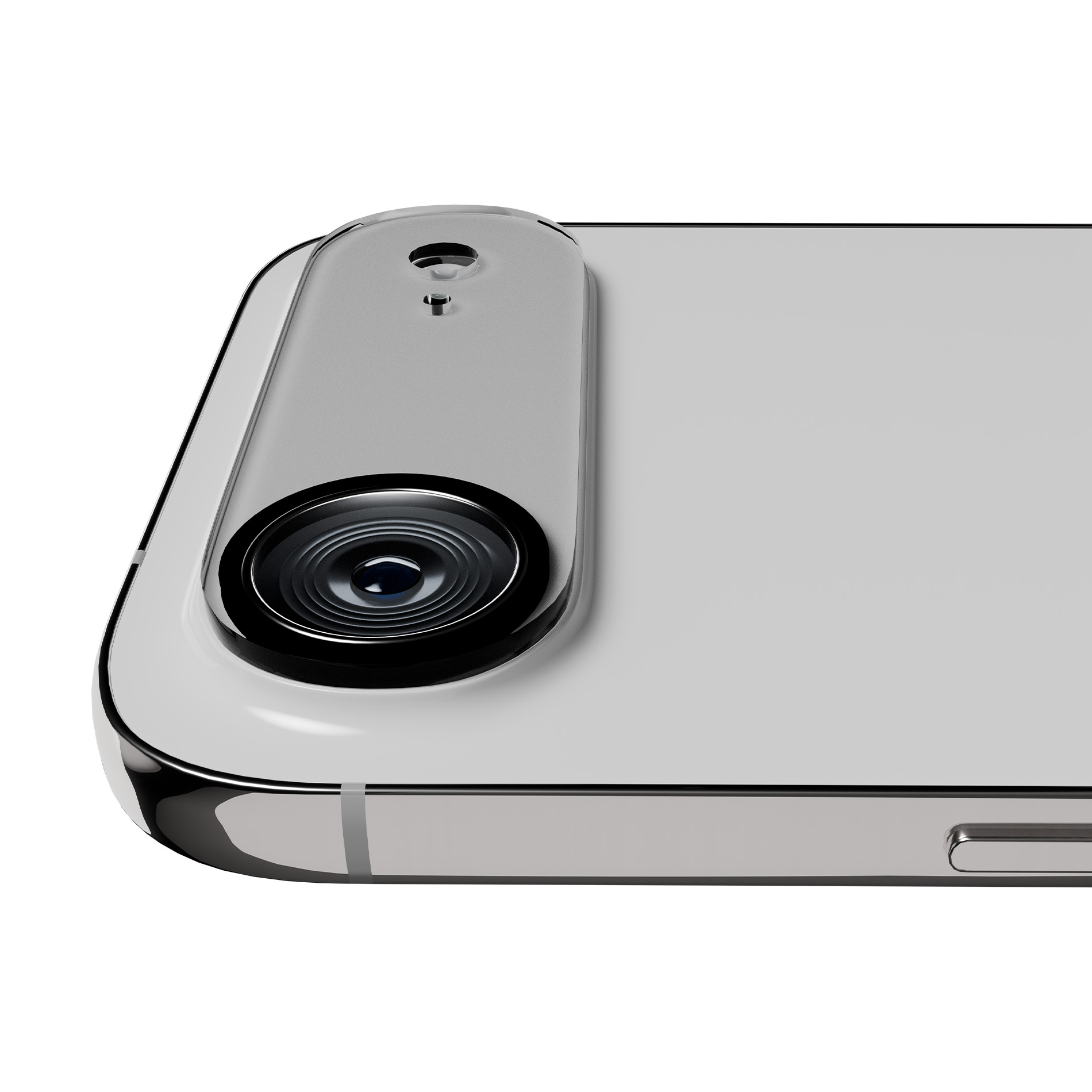 Primer plano de la parte trasera de un smartphone blanco con una lente de cámara grande y un flash pequeño.