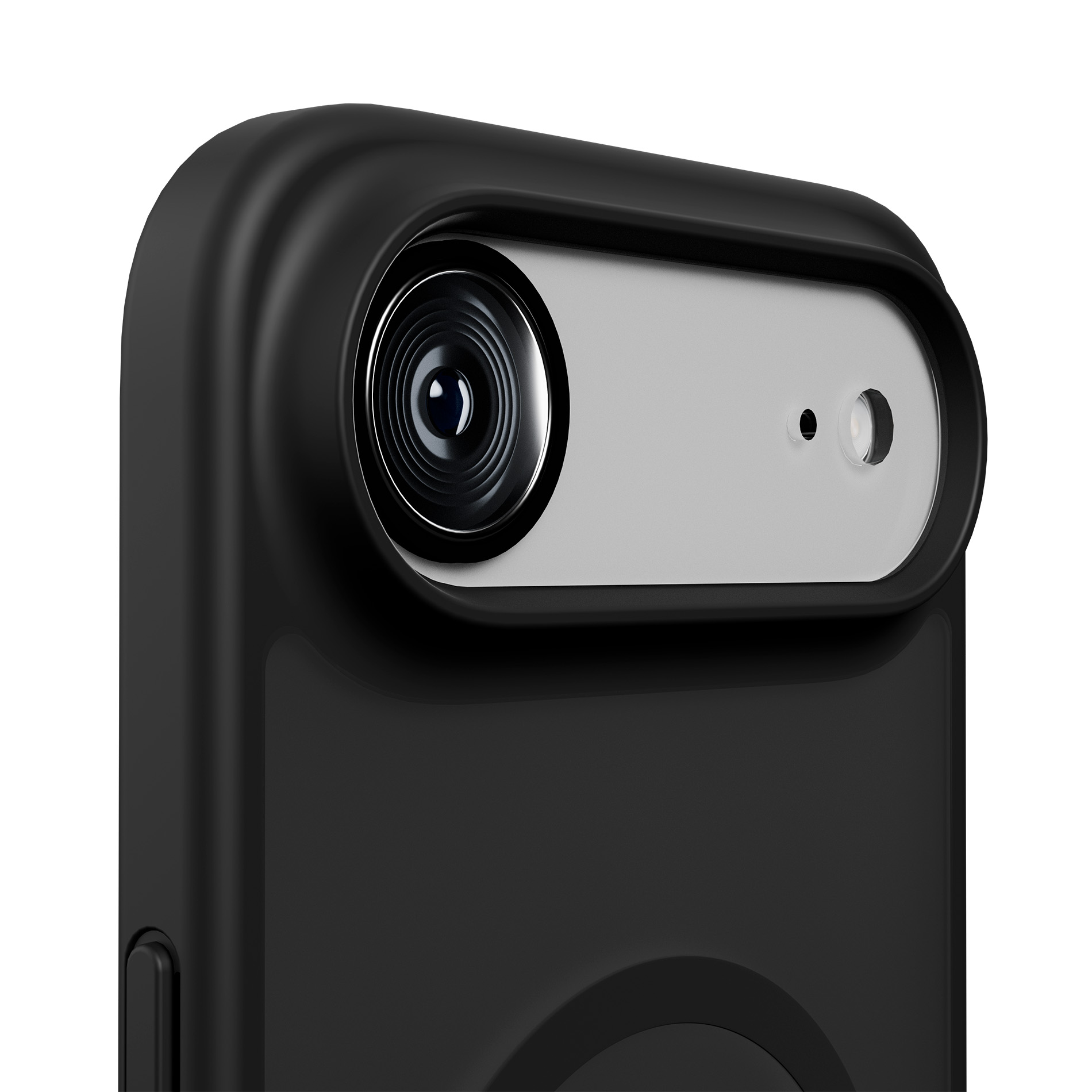 Parte trasera de un smartphone negro con una cámara redonda en una barra gris y un flash.