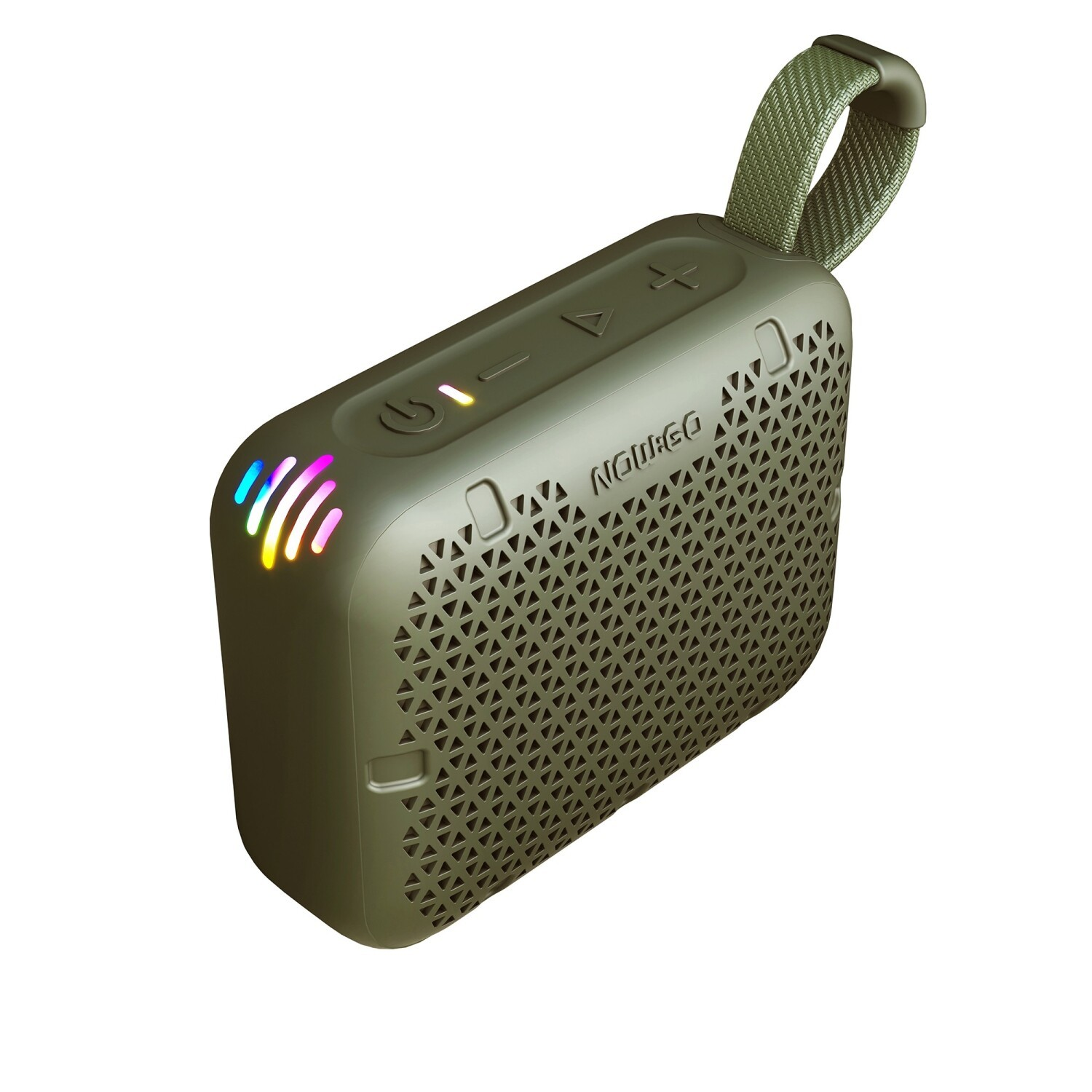 Oliwkowy głośnik Bluetooth w trójkątne wzory, z paskiem do noszenia i kolorowymi diodami LED na białym tle.