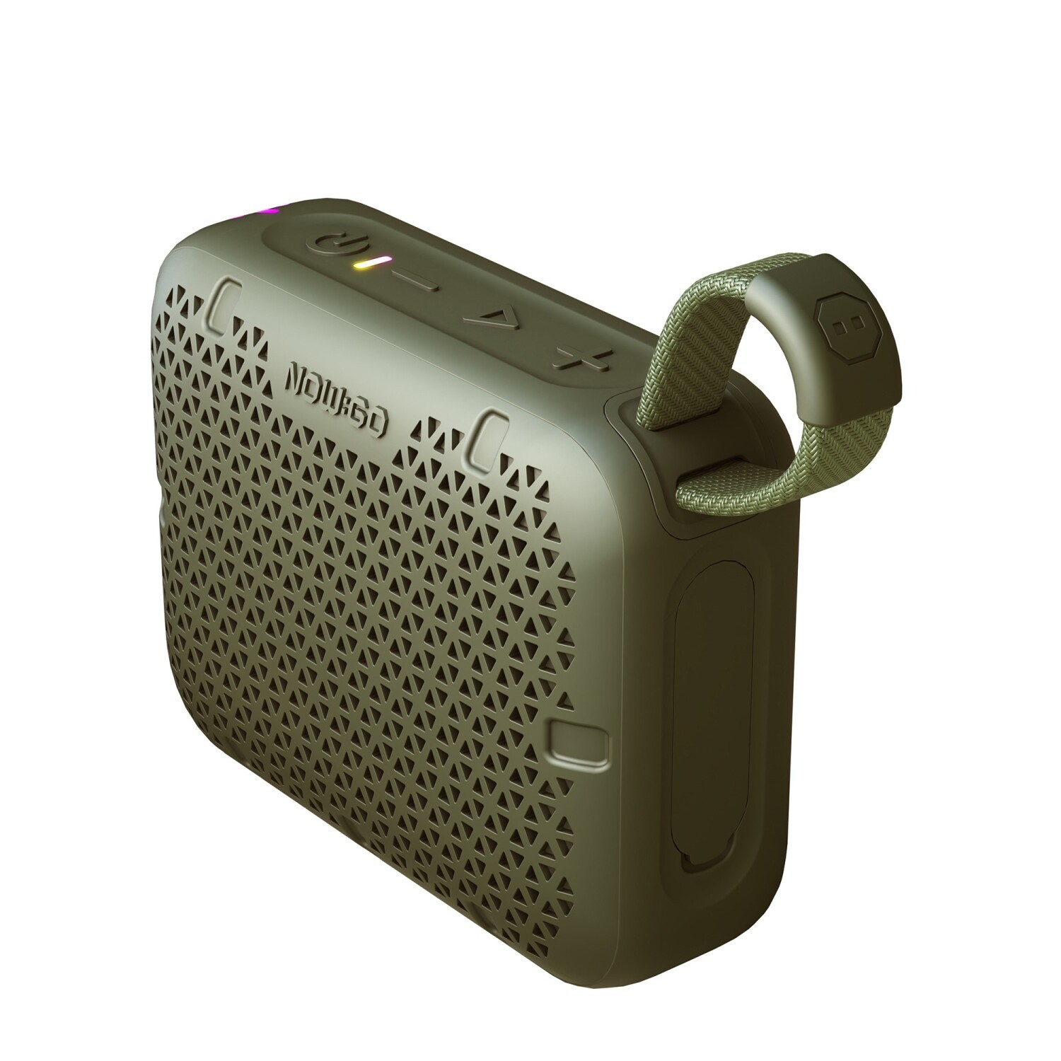 Oliwkowo-zielony przenośny głośnik Bluetooth z trójkątnym wzorem siatki i tkaną pętlą do noszenia na białym tle.