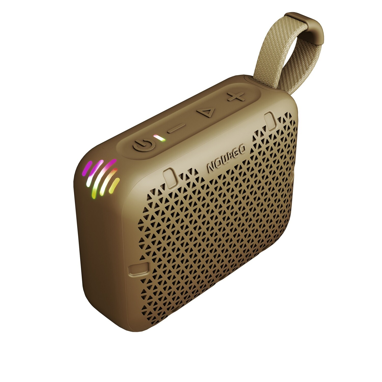 Brązowy, przenośny głośnik Bluetooth z trójkątnym wzorem maskownicy, przyciskami sterującymi i paskiem na białym tle.